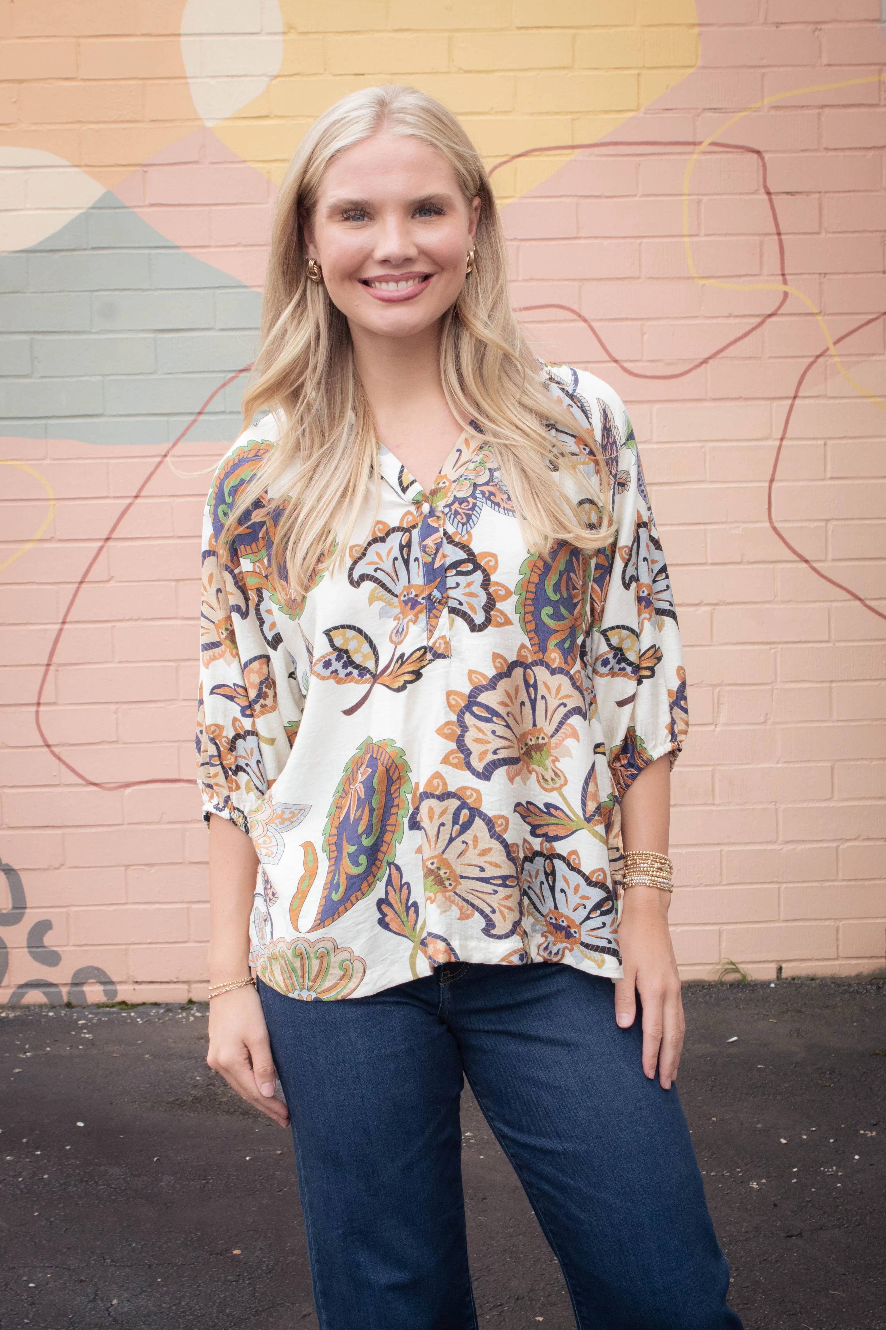 Cecilia Printed Half Sleeve Blouse, Cream sold by North & Main Clothing Company product image thumbnail 4