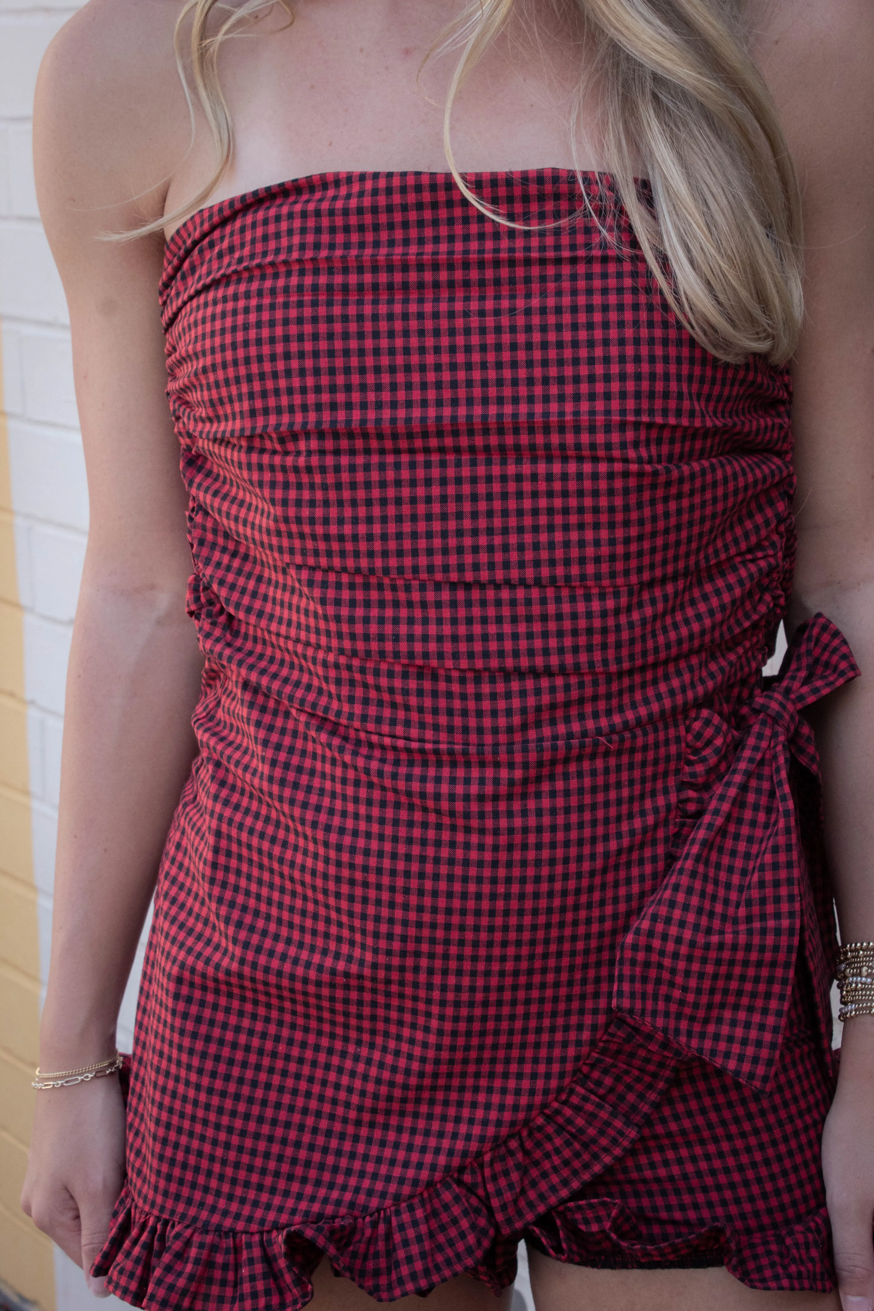 Guinevere Strapless Checkered Romper, Black Red sold by North & Main Clothing Company product image thumbnail 4