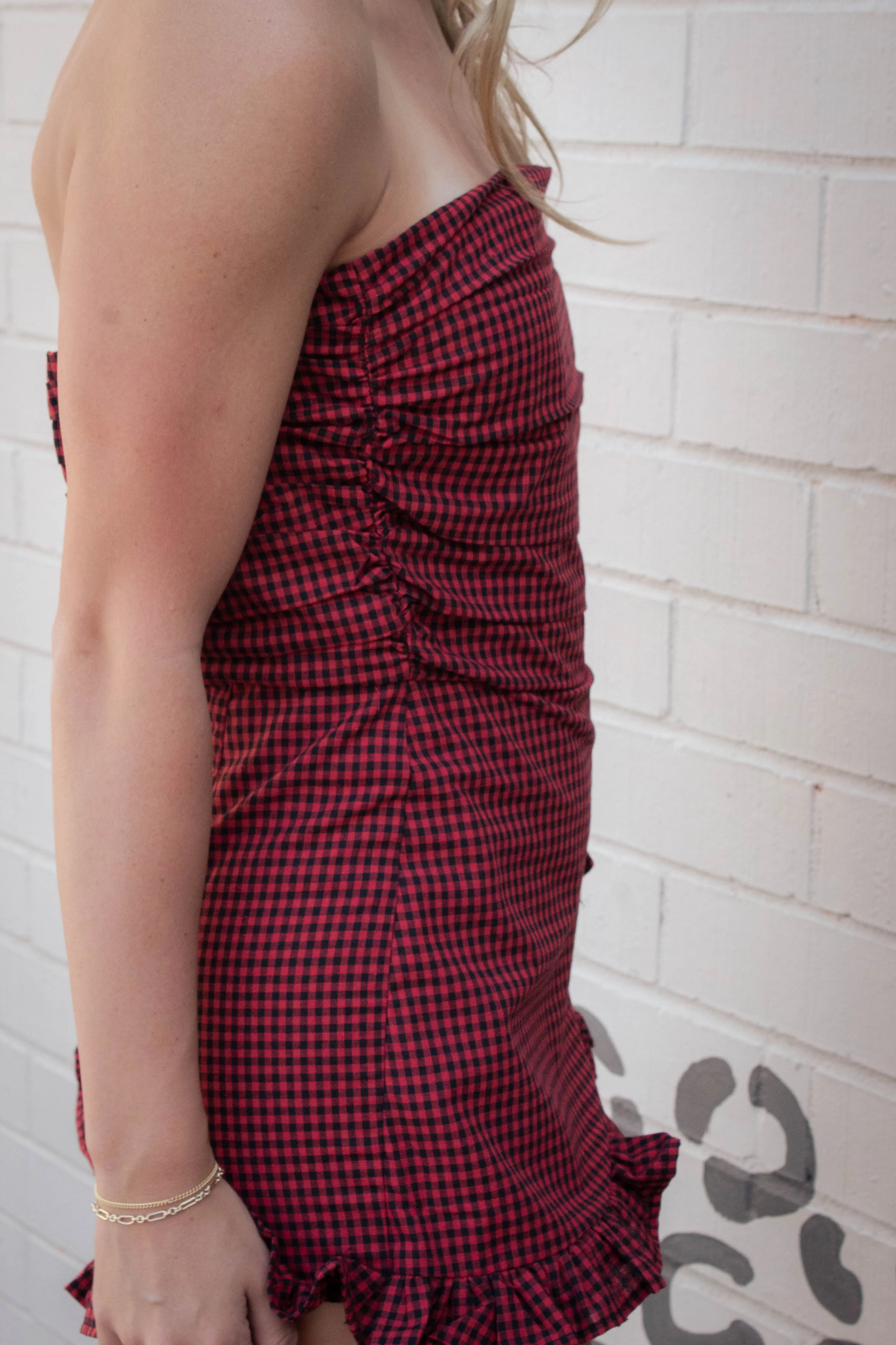 Guinevere Strapless Checkered Romper, Black Red sold by North & Main Clothing Company product image thumbnail 5