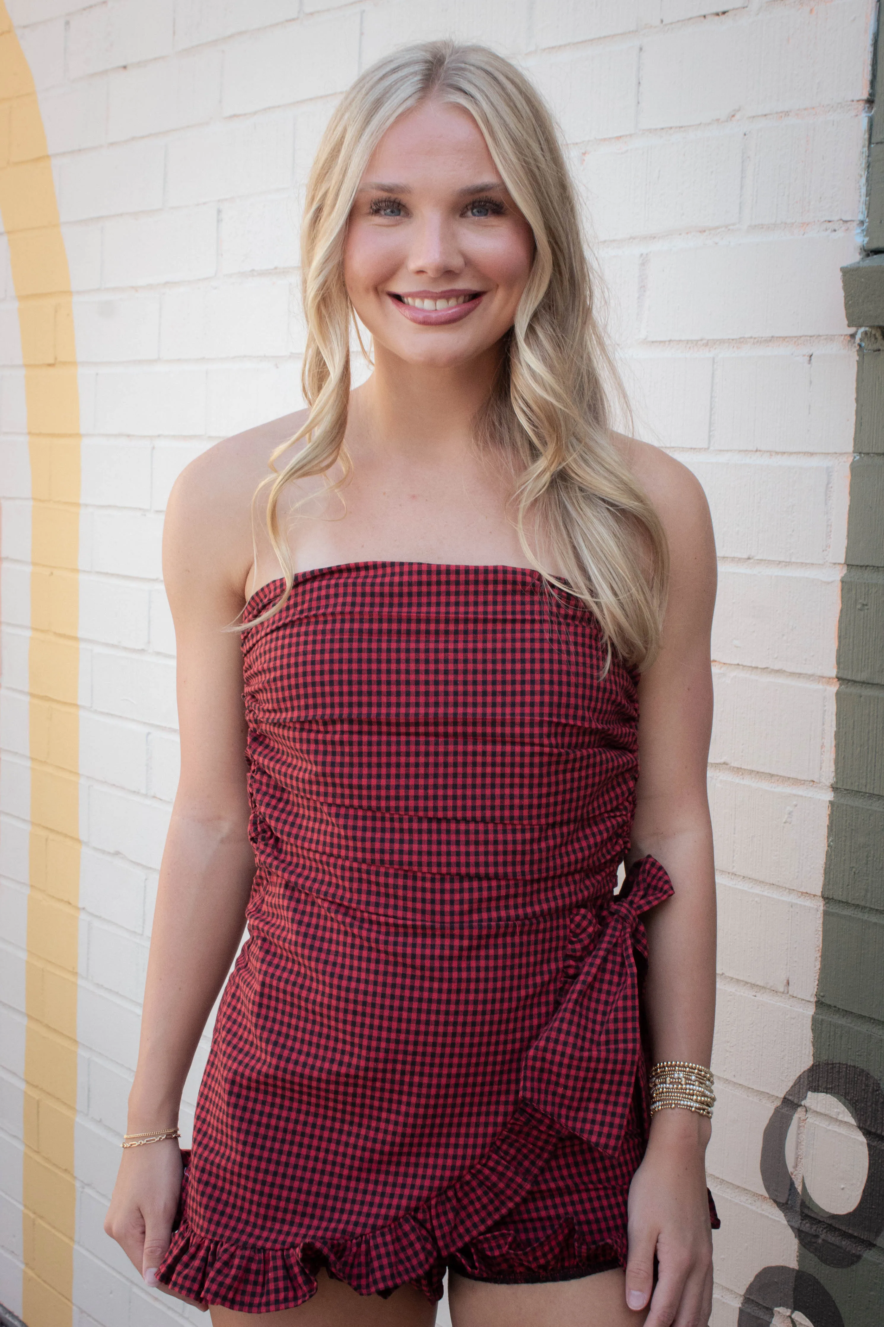 Guinevere Strapless Checkered Romper, Black Red sold by North & Main Clothing Company product image thumbnail 3