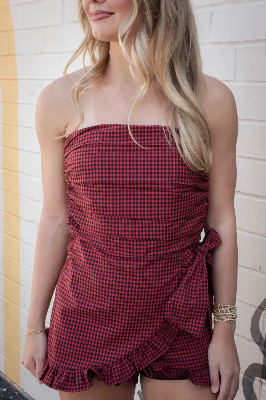 Guinevere Strapless Checkered Romper, Black Red made by Olivaceous