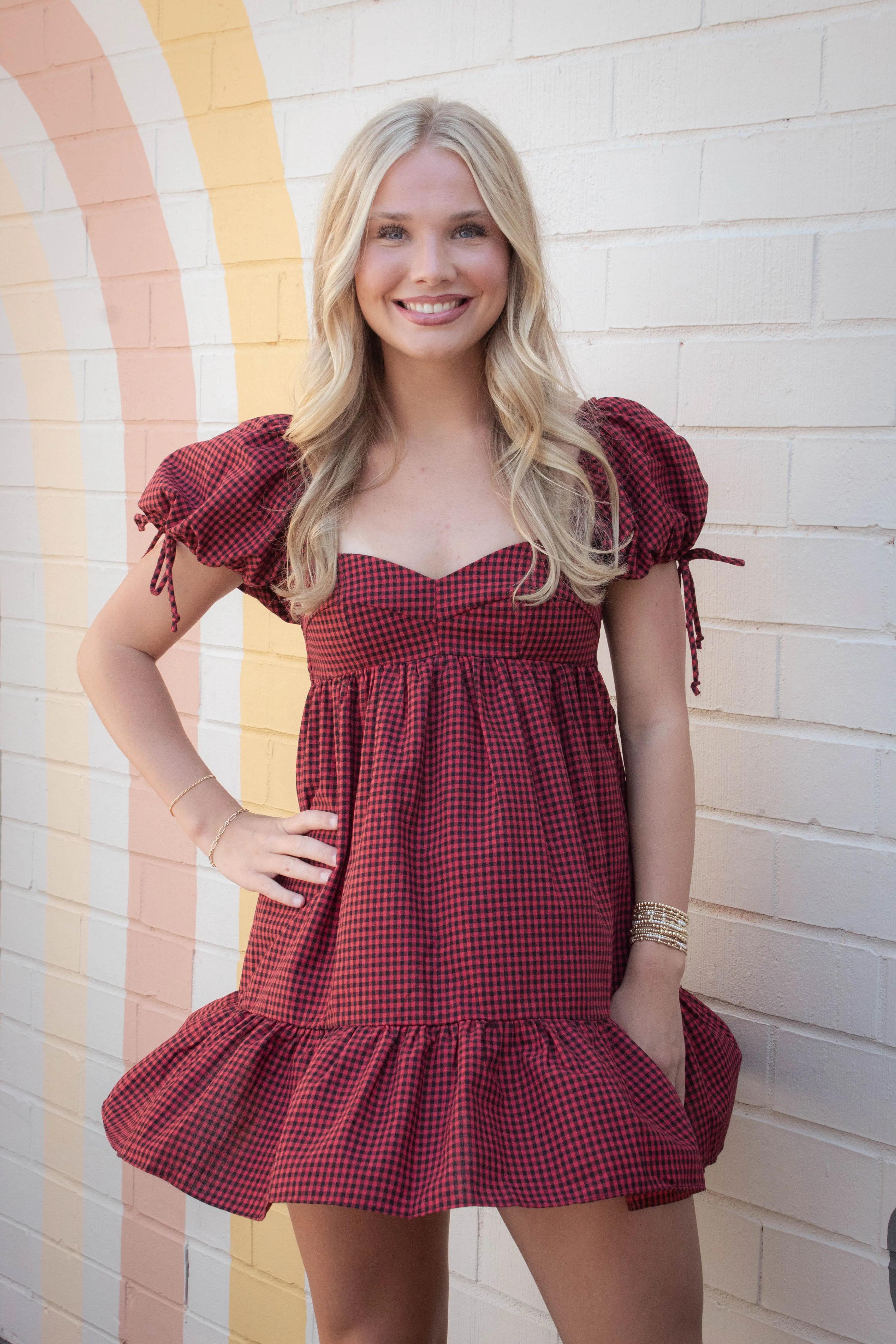 Francine Sweetheart Neck Checkered Dress, Black Red sold by North & Main Clothing Company