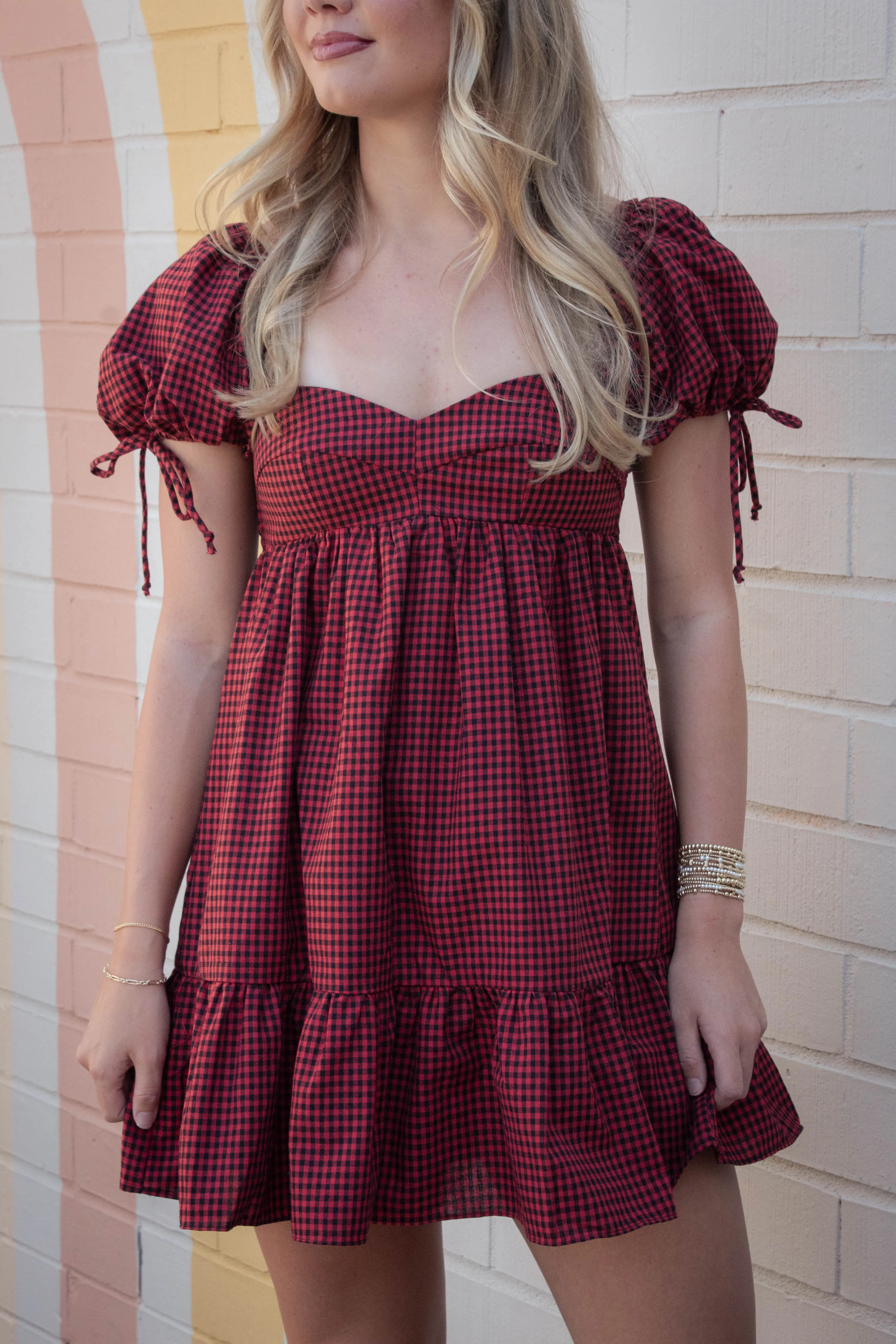 Francine Sweetheart Neck Checkered Dress, Black Red sold by North & Main Clothing Company product image thumbnail 4