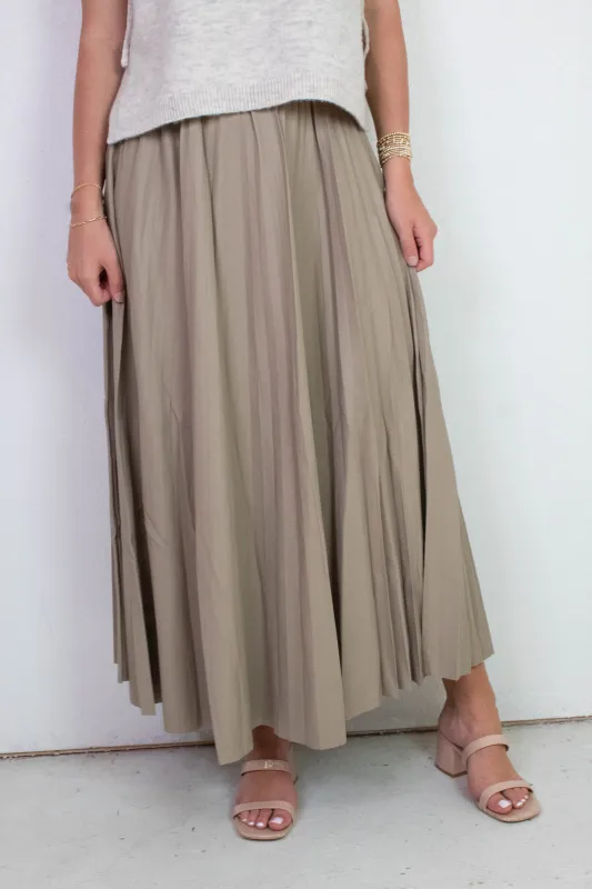Sallie Vegan Leather Pleated Maxi Skirt, Khaki made by Olivaceous