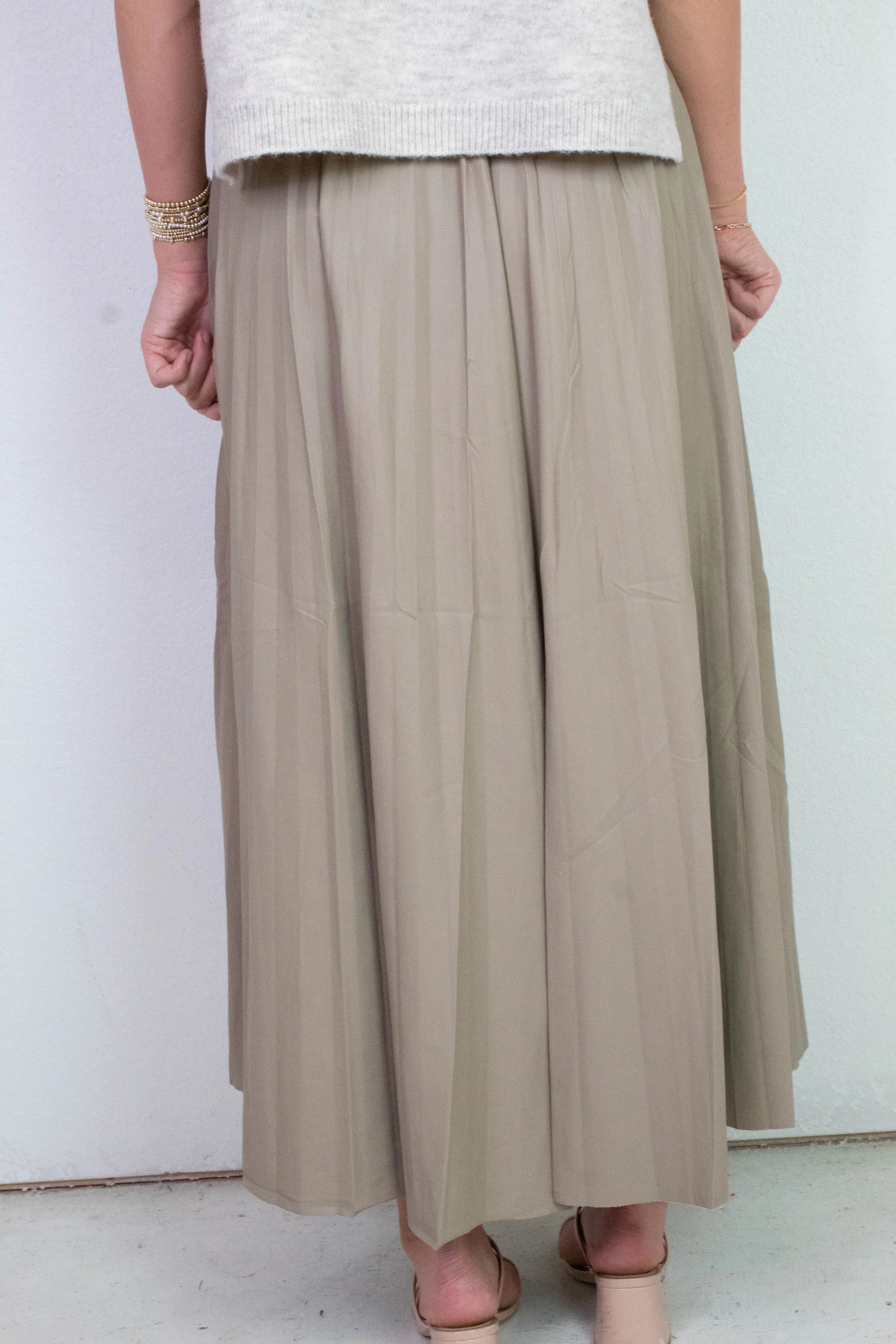 Sallie Vegan Leather Pleated Maxi Skirt, Khaki sold by North & Main Clothing Company product image thumbnail 5