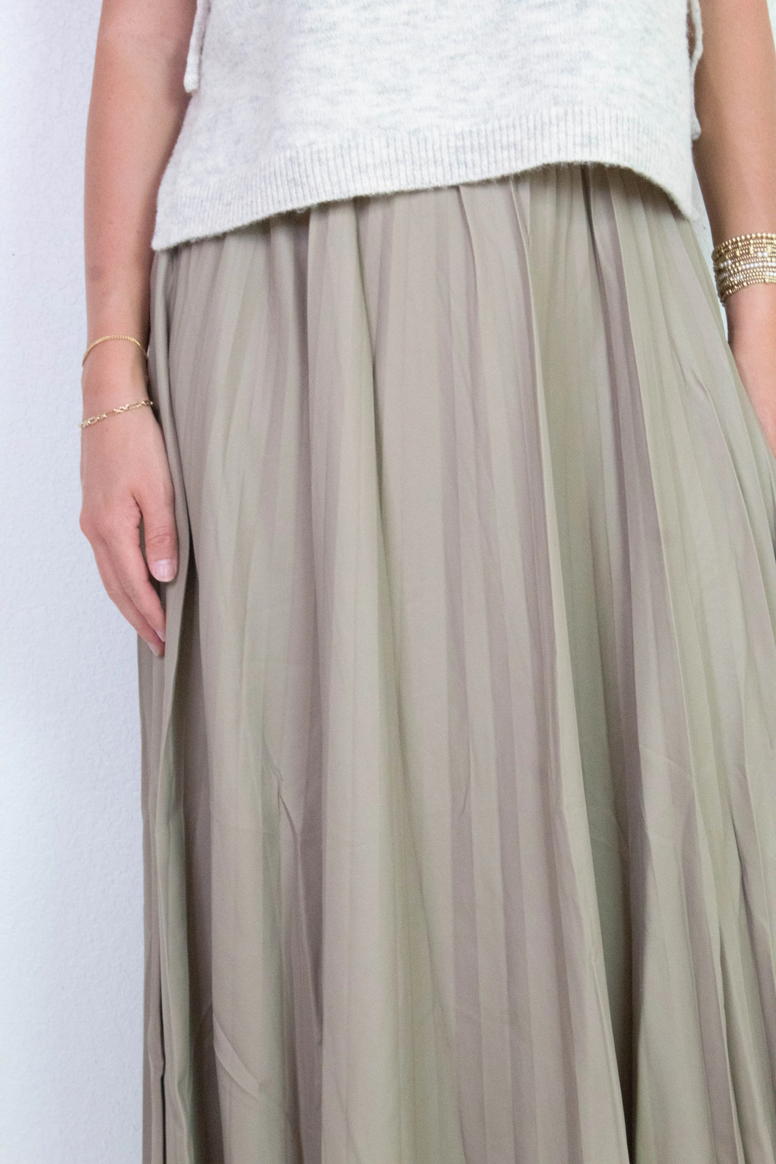 Sallie Vegan Leather Pleated Maxi Skirt, Khaki sold by North & Main Clothing Company product image thumbnail 3