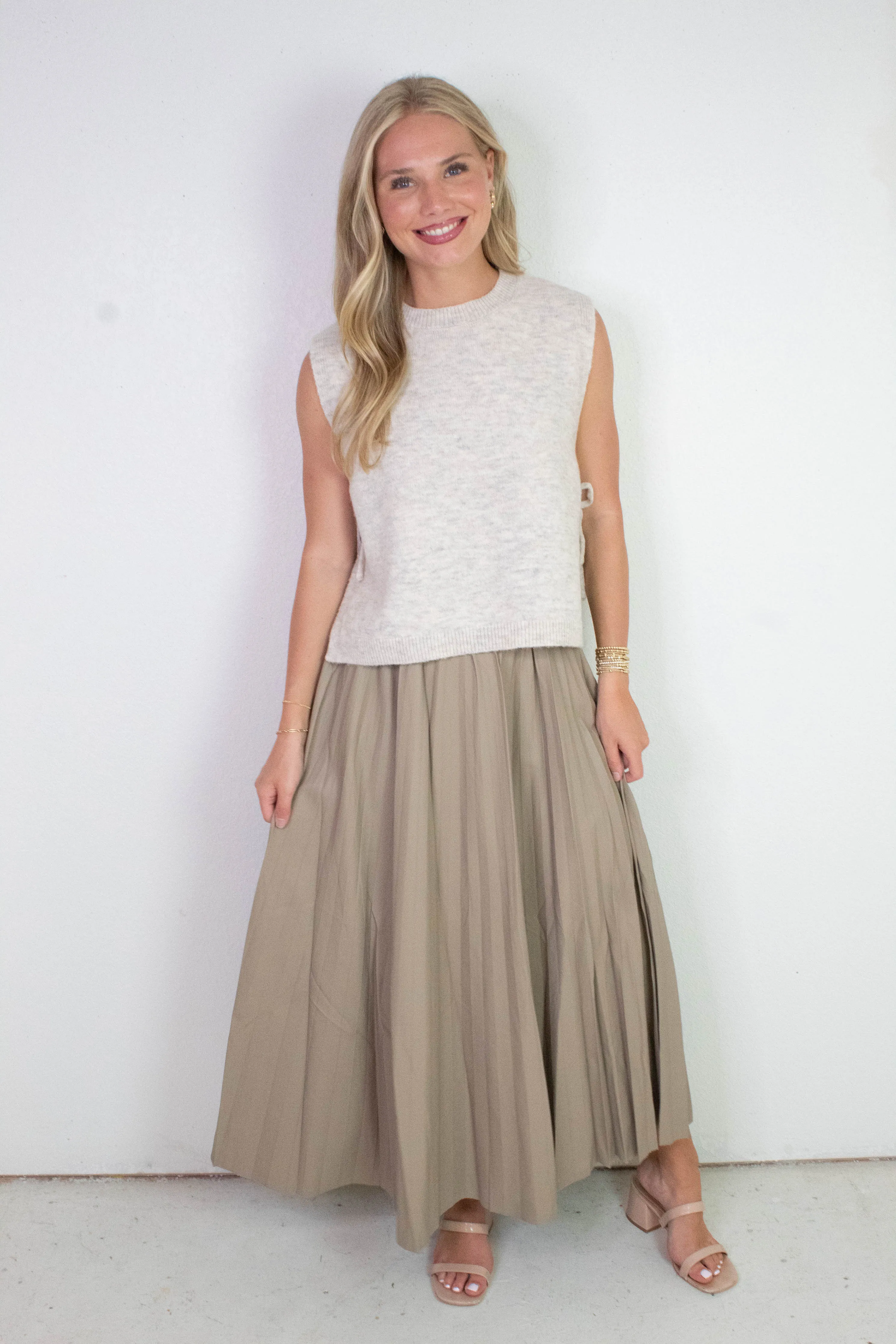Sallie Vegan Leather Pleated Maxi Skirt, Khaki sold by North & Main Clothing Company product image thumbnail 2