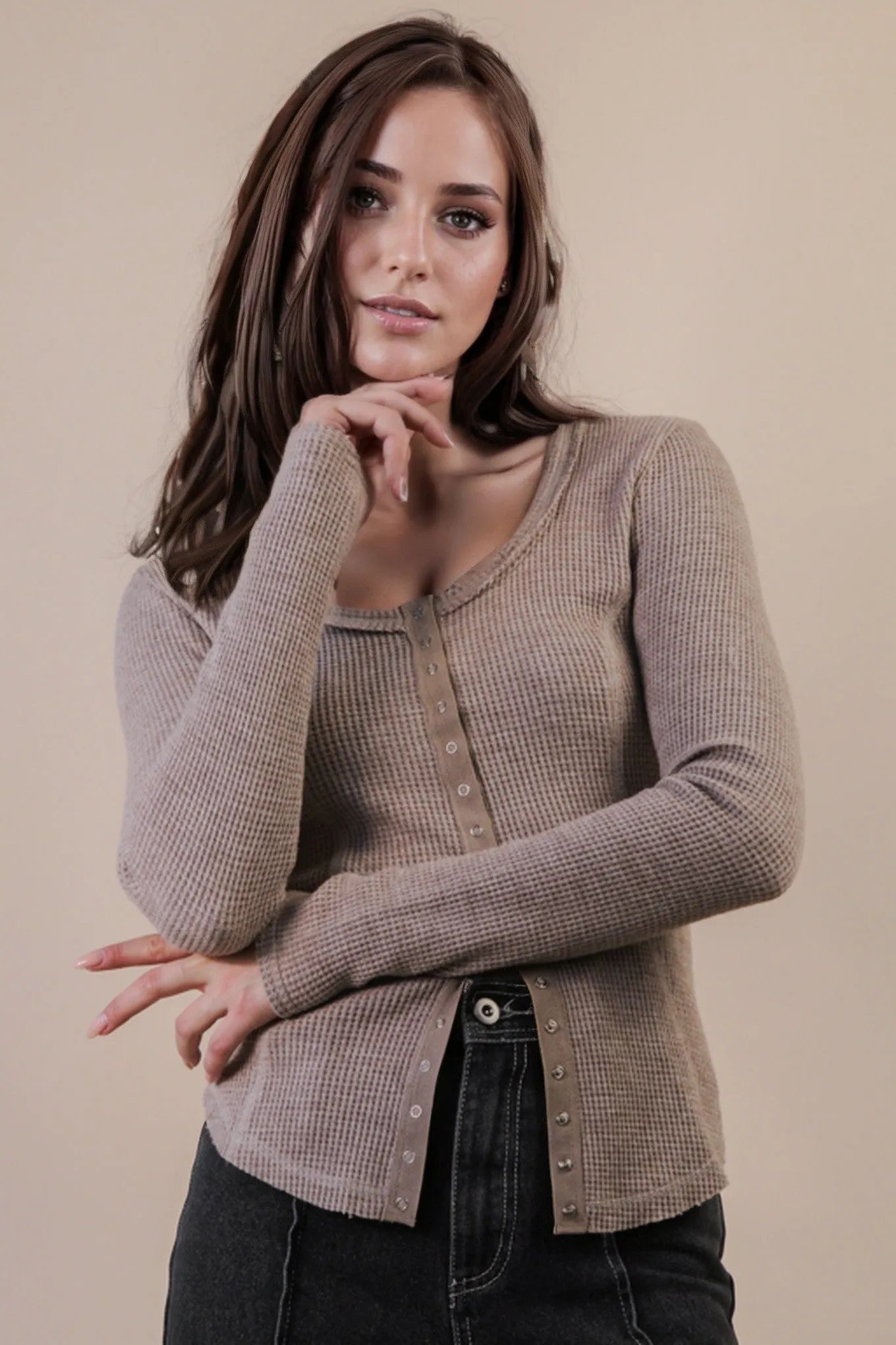 Opal Waffle Knit Snap Button Top, Mocha sold by North & Main Clothing Company