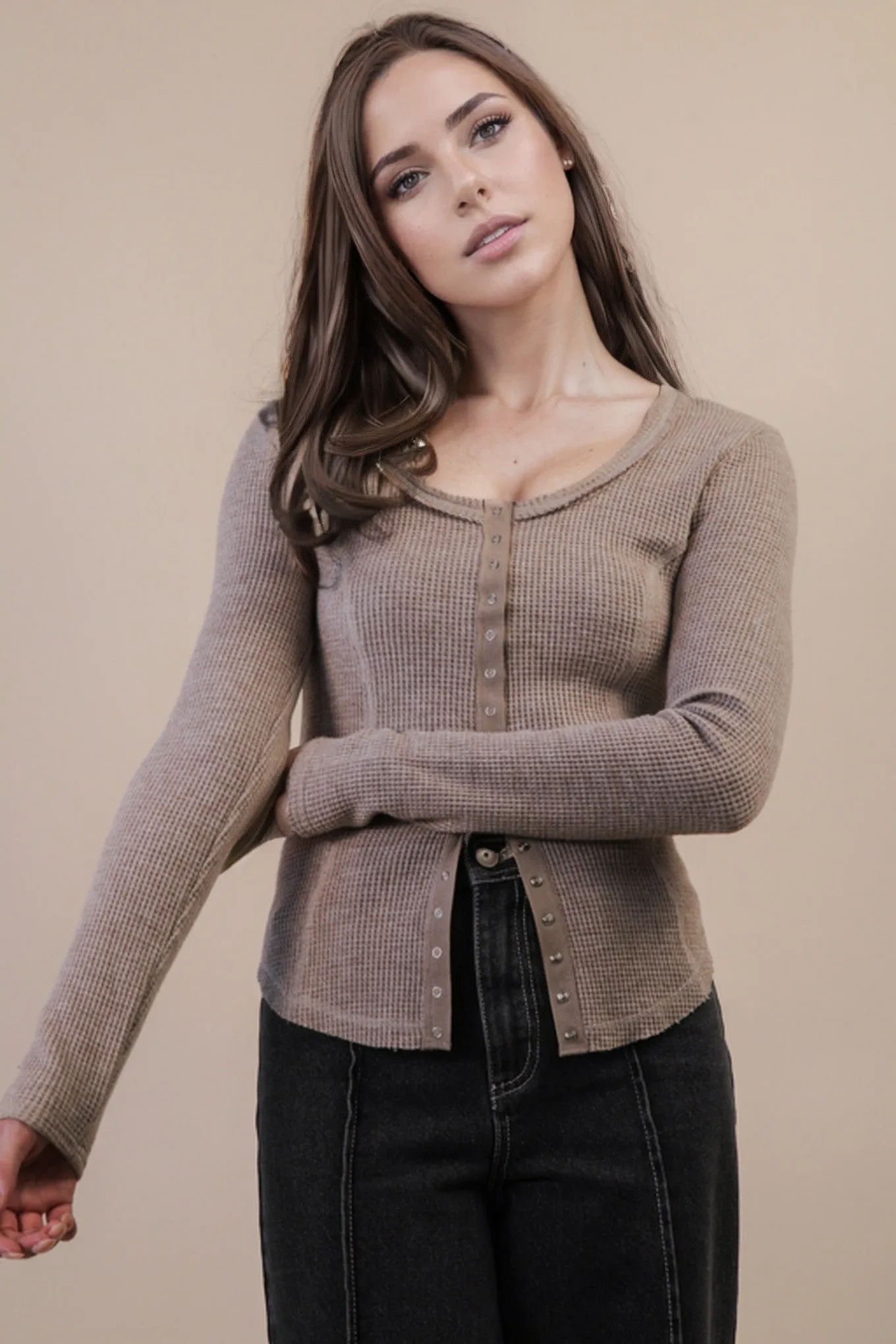 Opal Waffle Knit Snap Button Top, Mocha sold by North & Main Clothing Company product image thumbnail 3
