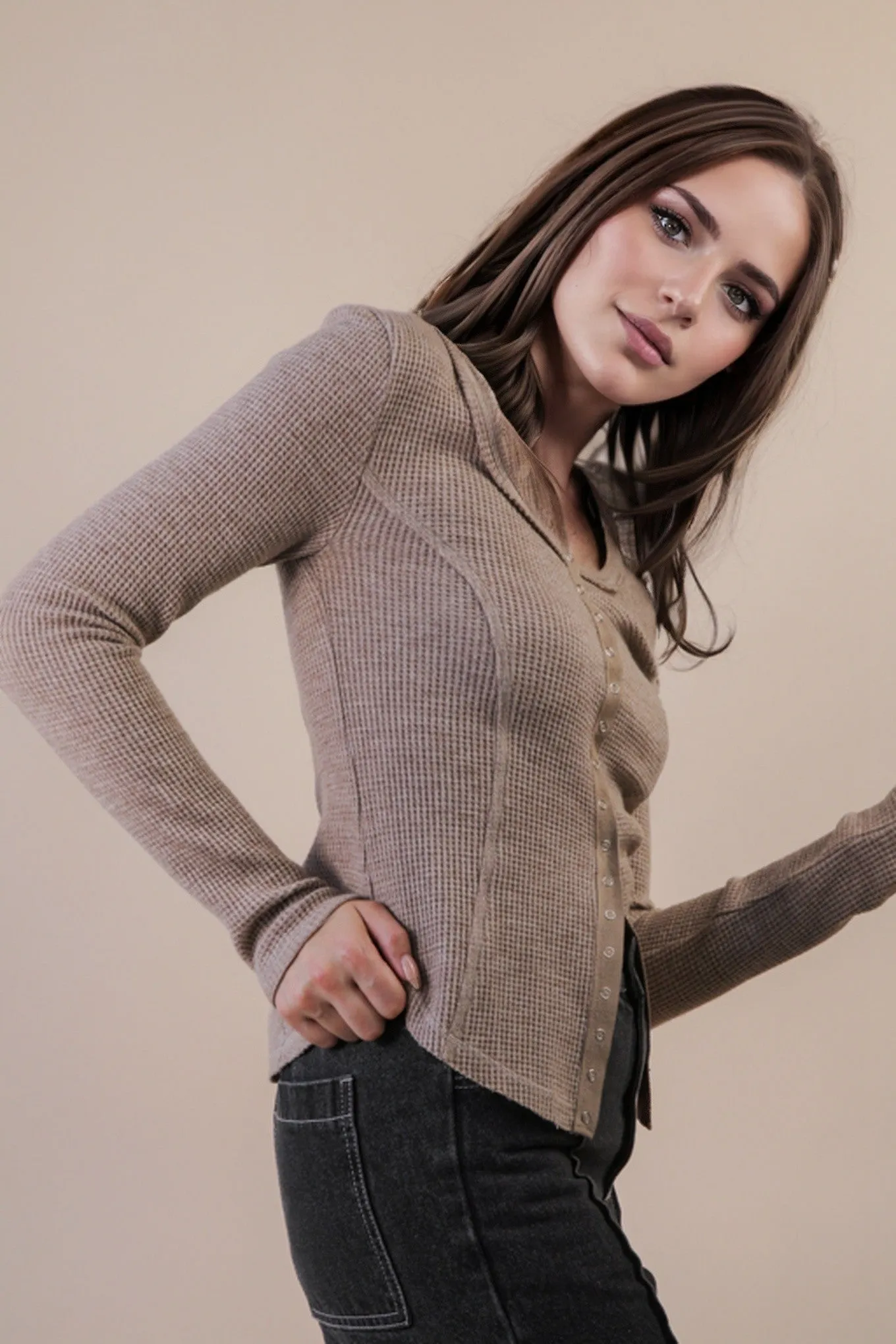 Opal Waffle Knit Snap Button Top, Mocha sold by North & Main Clothing Company product image thumbnail 4