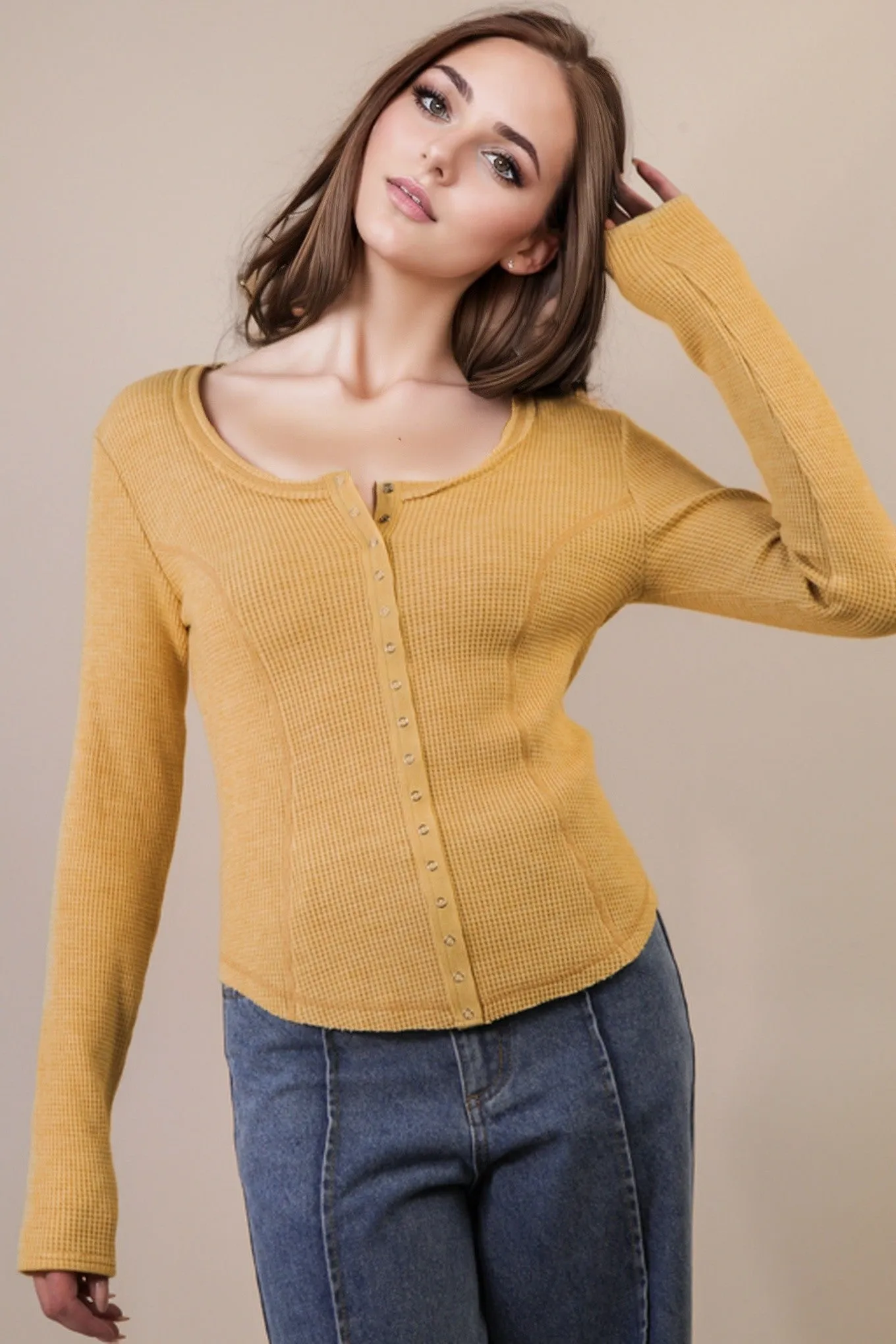 Opal Waffle Knit Snap Button Top, Yellow sold by North & Main Clothing Company