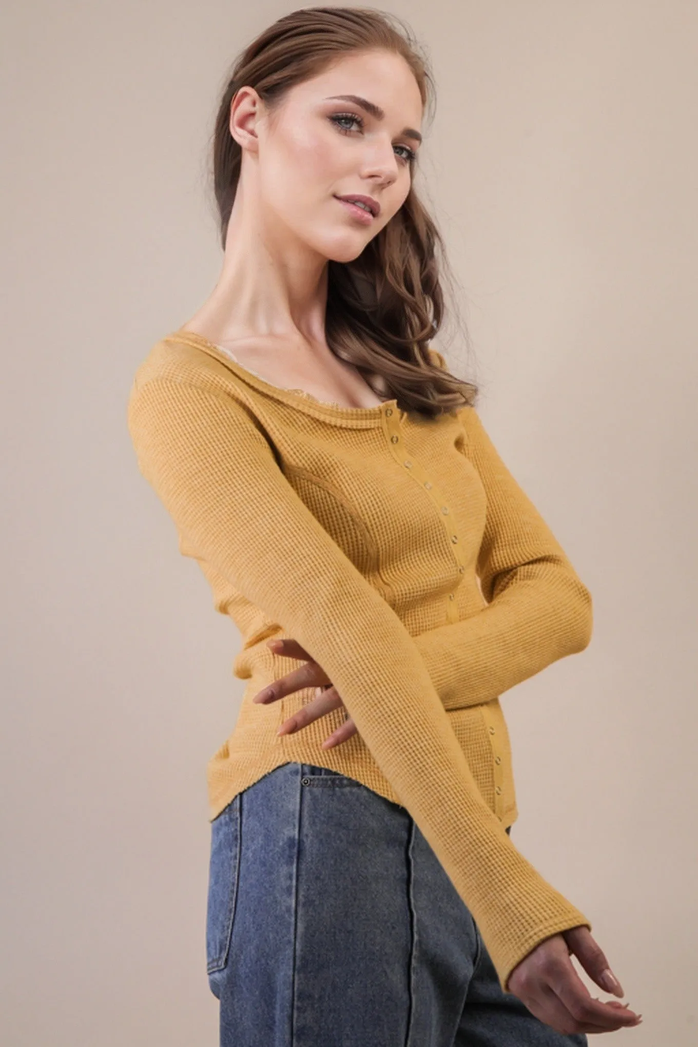 Opal Waffle Knit Snap Button Top, Yellow sold by North & Main Clothing Company product image thumbnail 3