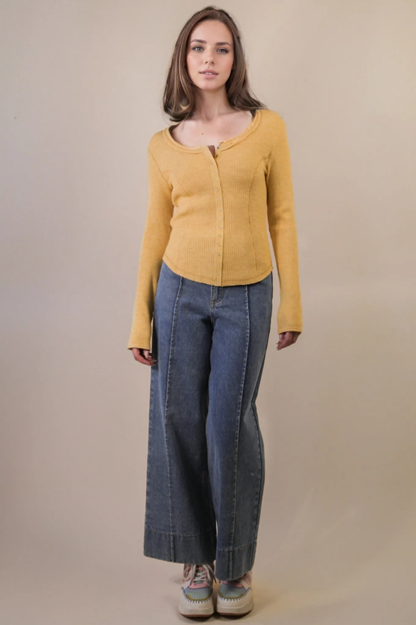 Opal Waffle Knit Snap Button Top, Yellow sold by North & Main Clothing Company product image thumbnail 2