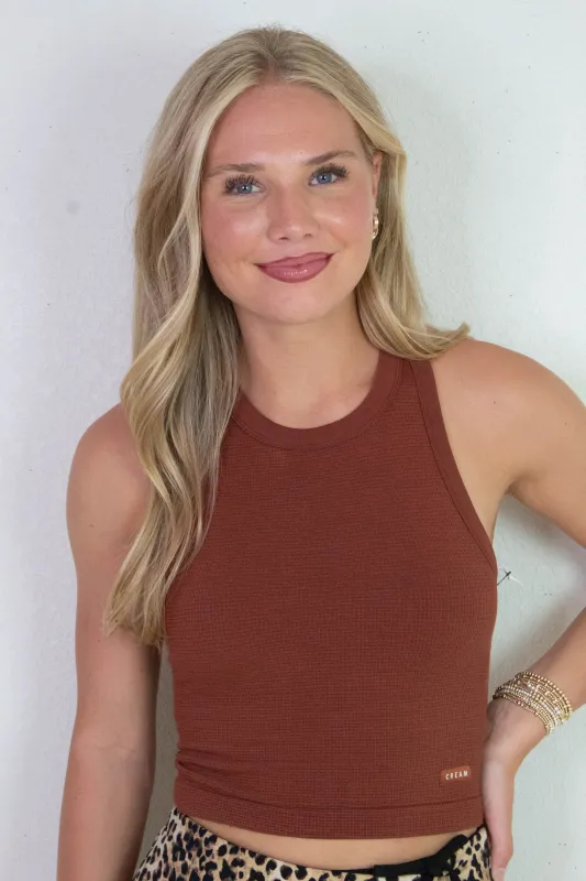 Mia High Neck Tank Bra, Wine | Cream Yoga sold by North & Main Clothing Company