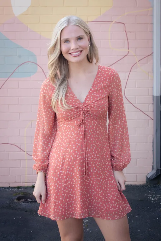 Suri Ditsy Floral Mini Dress, Orange Floral sold by North & Main Clothing Company