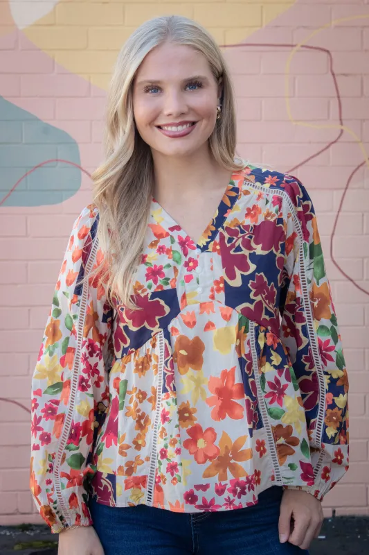 Scarlett Vibrant Patchwork Blouse, Ivory Multi sold by North & Main Clothing Company