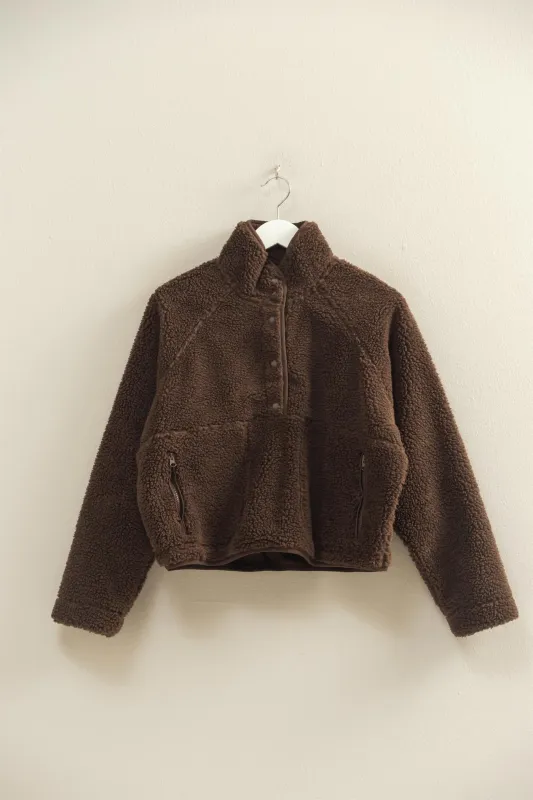 Aria Sherpa Button Neck Jacket, Brown sold by North & Main Clothing Company
