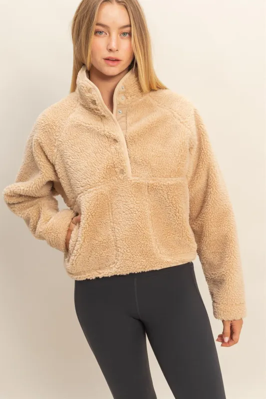 Aria Sherpa Button Neck Jacket, Beige sold by North & Main Clothing Company