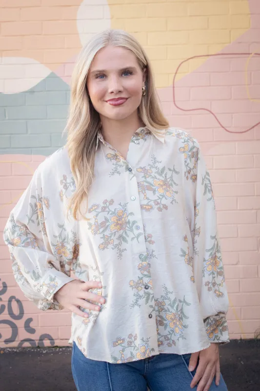Lucy Button Down Floral Top, Ecru sold by North & Main Clothing Company