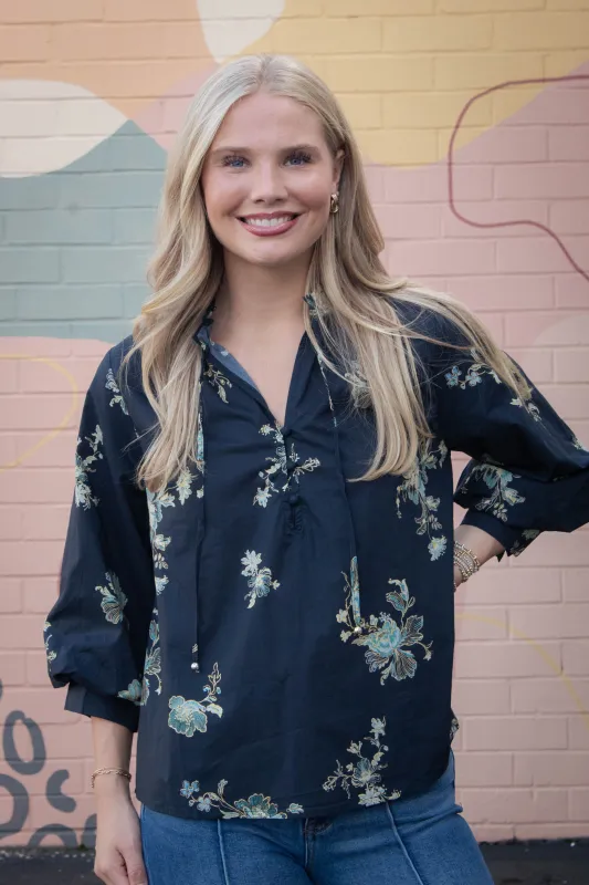 Mila Floral Tie Neck Top, Black sold by North & Main Clothing Company