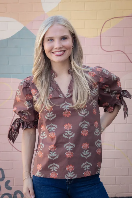 Athena Floral Print Ruffle Neck Top, Brown sold by North & Main Clothing Company