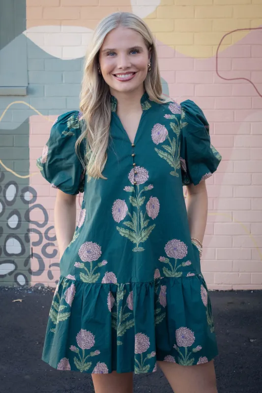 Avery Floral Bubble Sleeve Dress, Hunter Green sold by North & Main Clothing Company