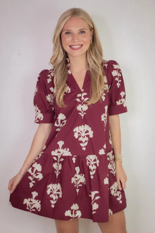 Zoe Printed Mini Dress, Garnet sold by North & Main Clothing Company