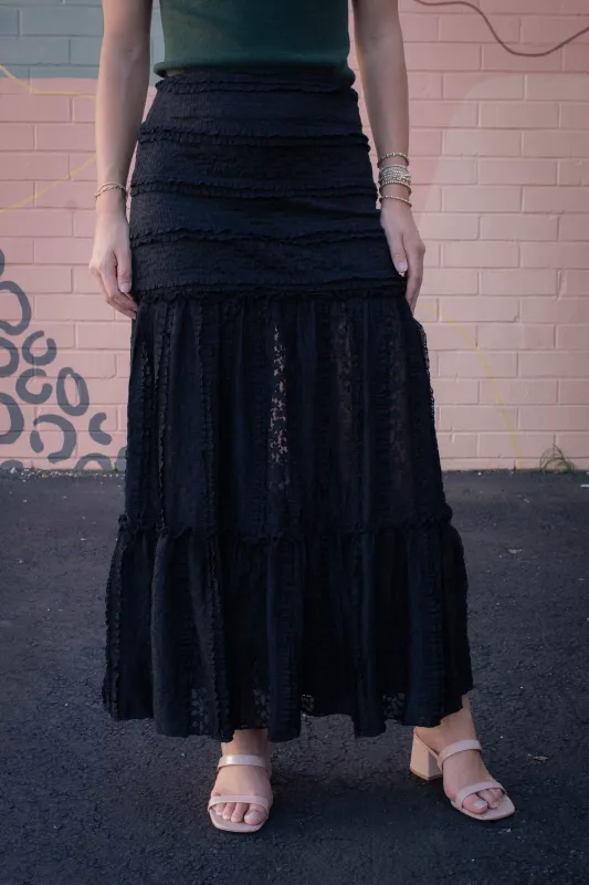 Olivia Lace Ruffle Detailed Maxi Skirt, Black sold by North & Main Clothing Company