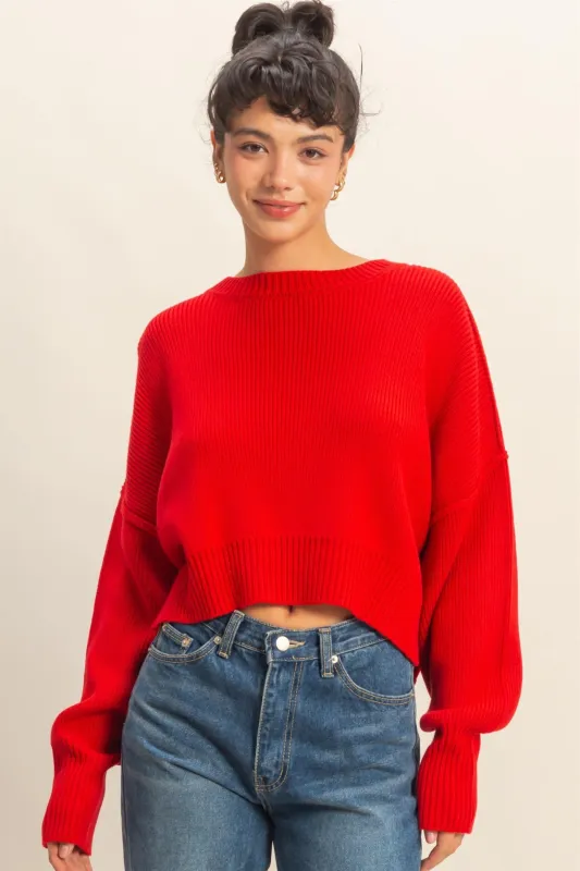 Camila Round Neck Cropped Sweater, Red sold by North & Main Clothing Company