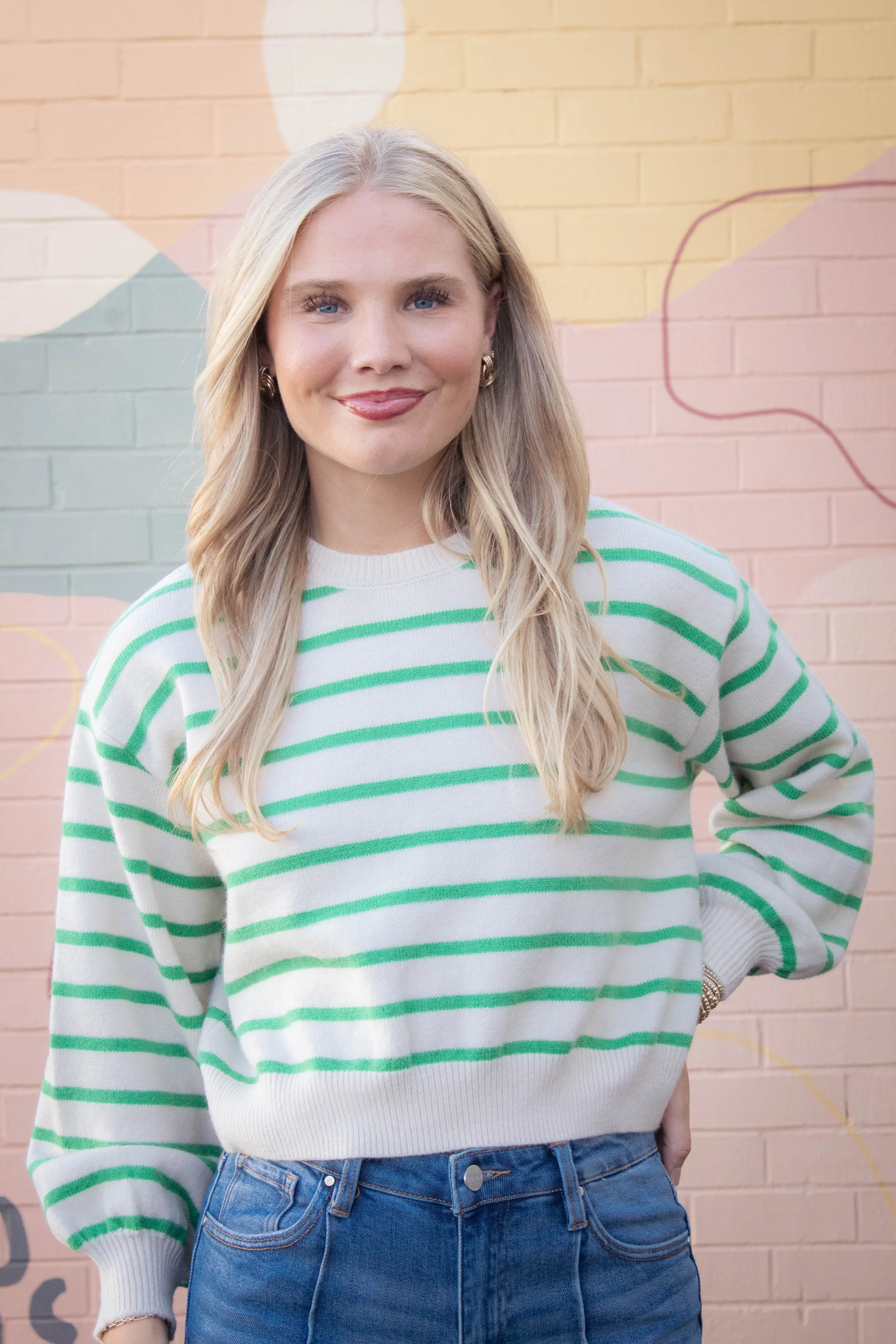 Emily Striped Button Back Sweater, Green sold by North & Main Clothing Company