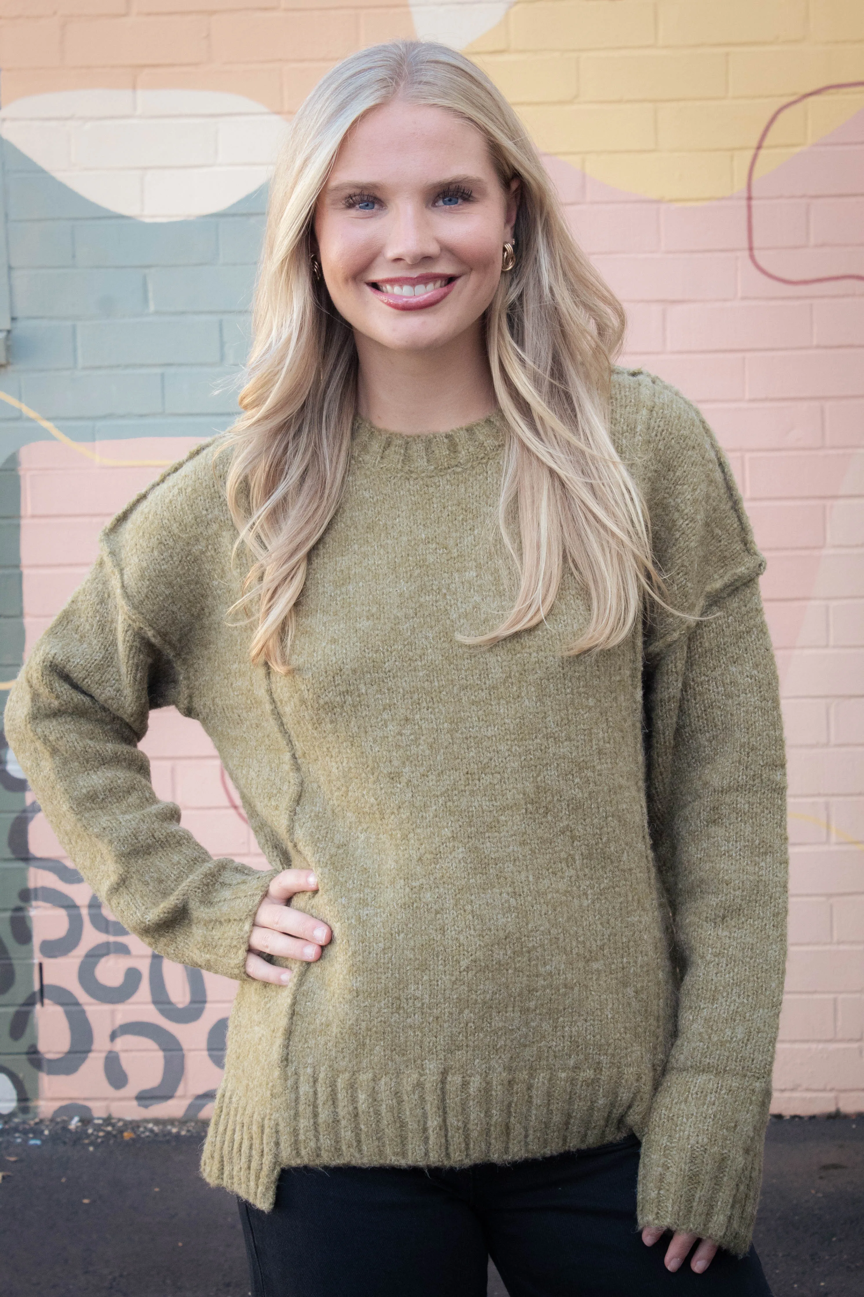 Winona Seam Detail Pullover Sweater, Olive sold by North & Main Clothing Company