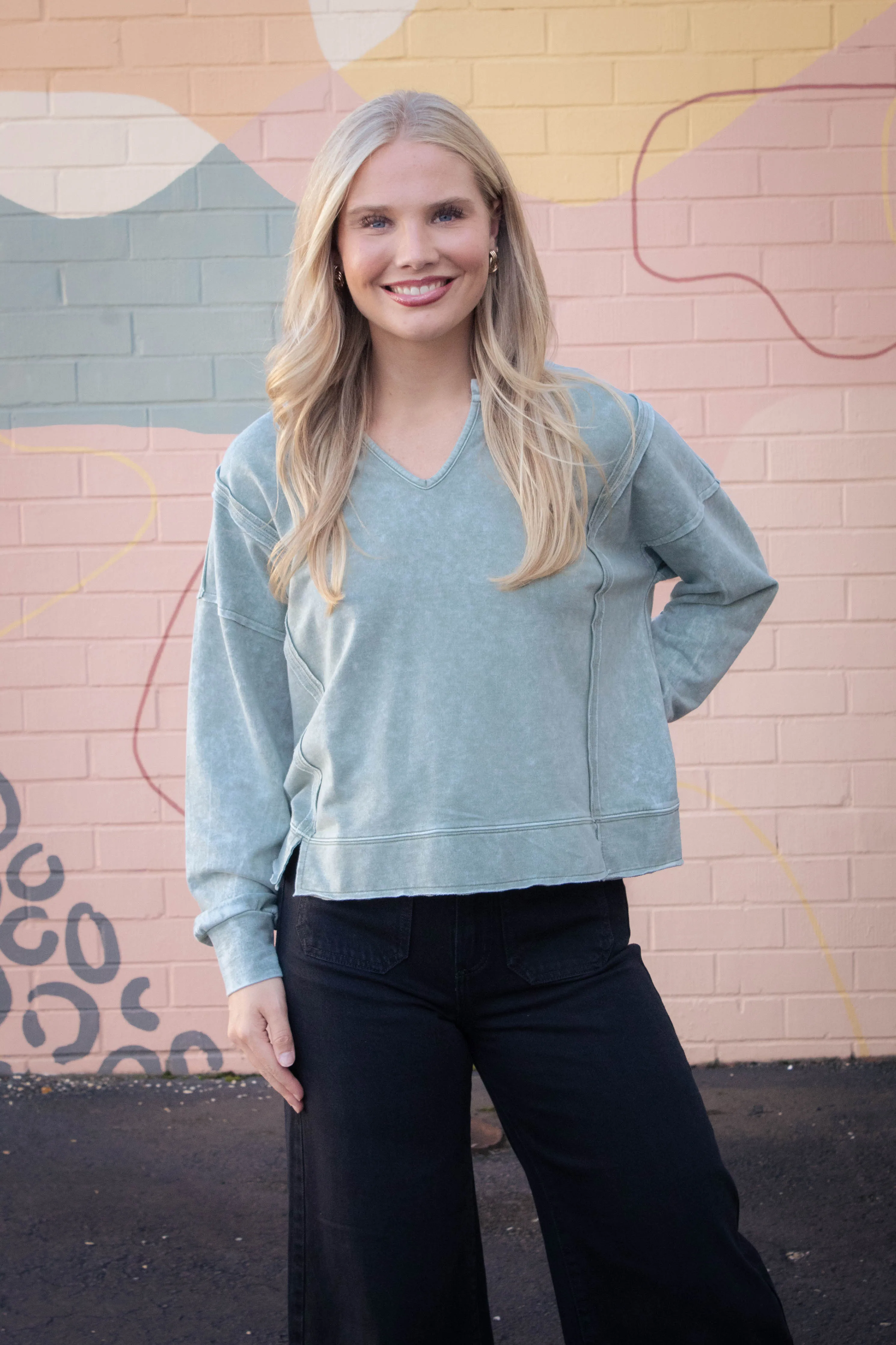 Remy Washed Exposed Seam Knit Top, Moss sold by North & Main Clothing Company product image thumbnail 3