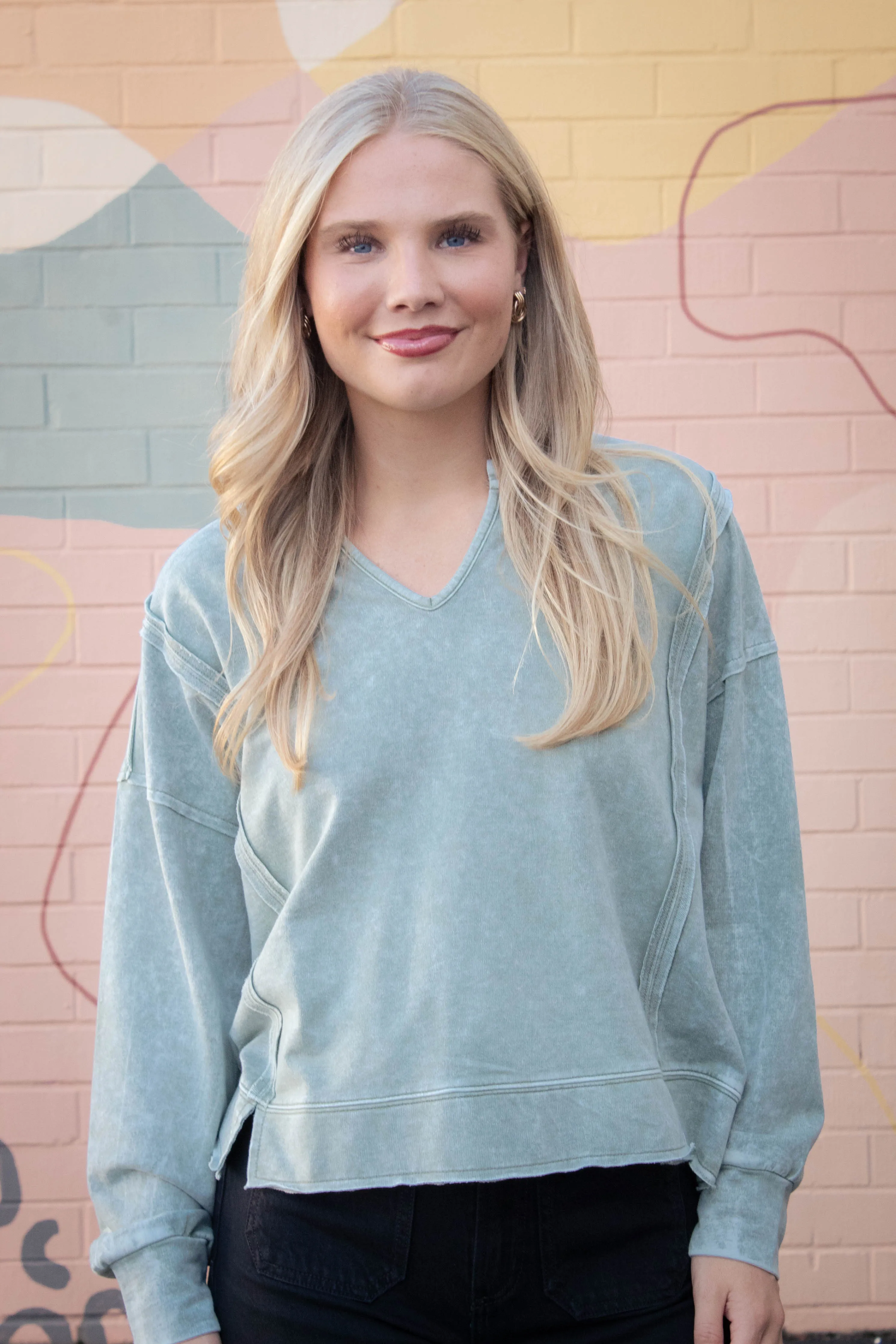 Remy Washed Exposed Seam Knit Top, Moss sold by North & Main Clothing Company