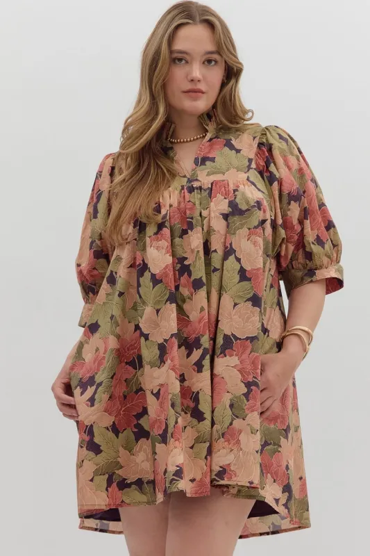 Magnolia Floral Ruffle Neck Dress, Brown | Plus Size sold by North & Main Clothing Company