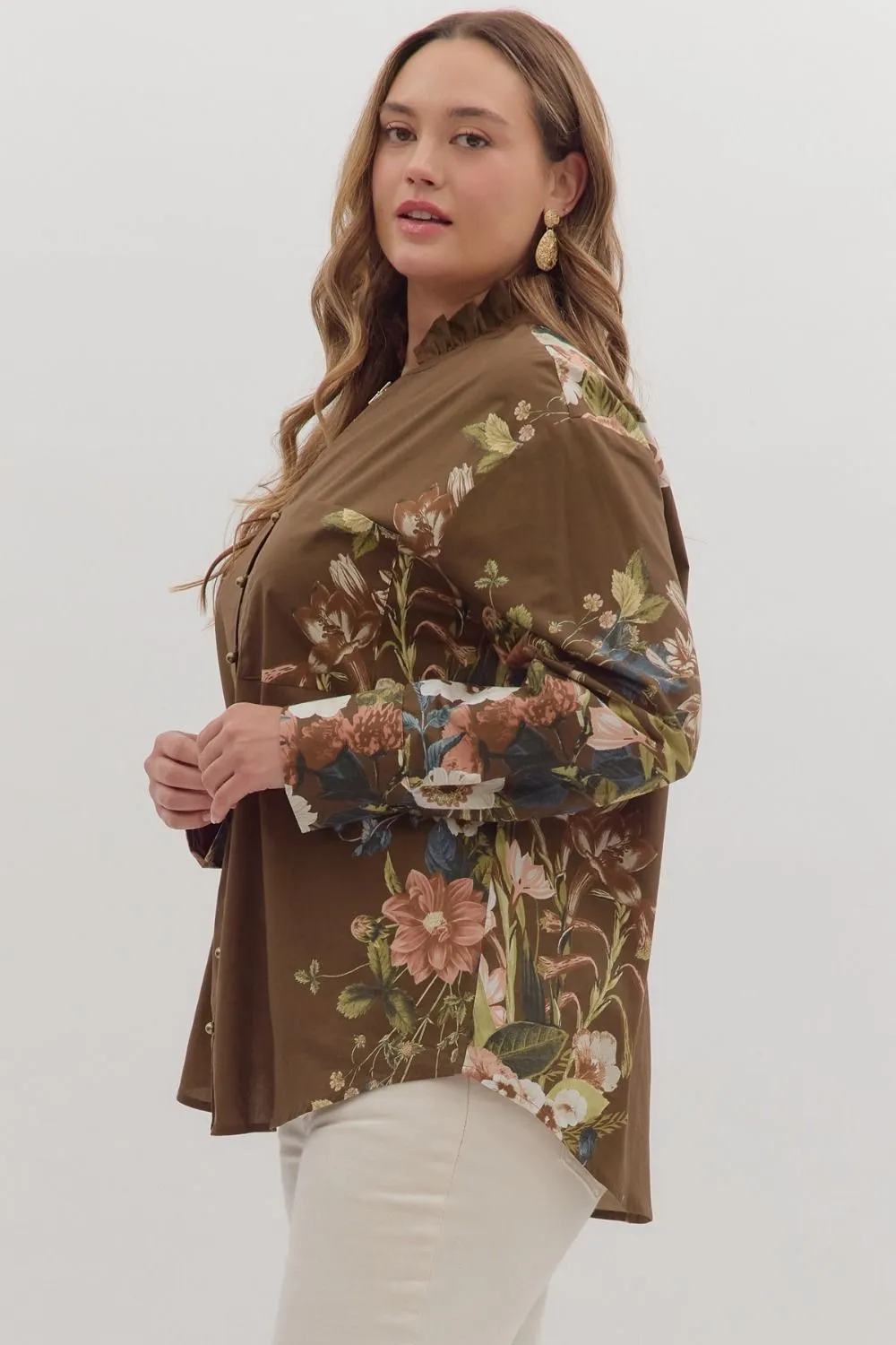 Ember Floral Sleeve Buttoned Blouse, Brown | Extended Sizes sold by North & Main Clothing Company product image thumbnail 5