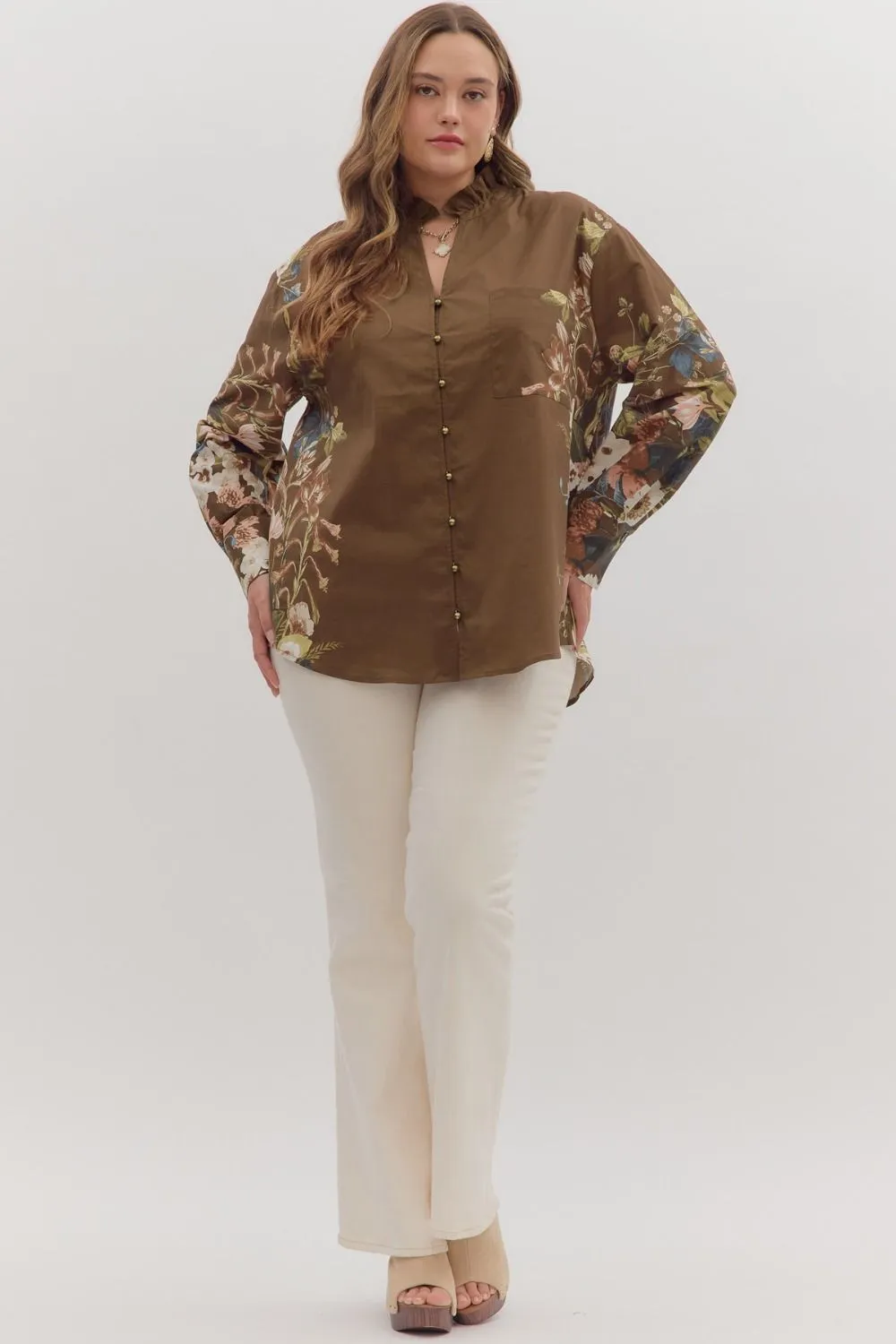 Ember Floral Sleeve Buttoned Blouse, Brown | Extended Sizes sold by North & Main Clothing Company product image thumbnail 2