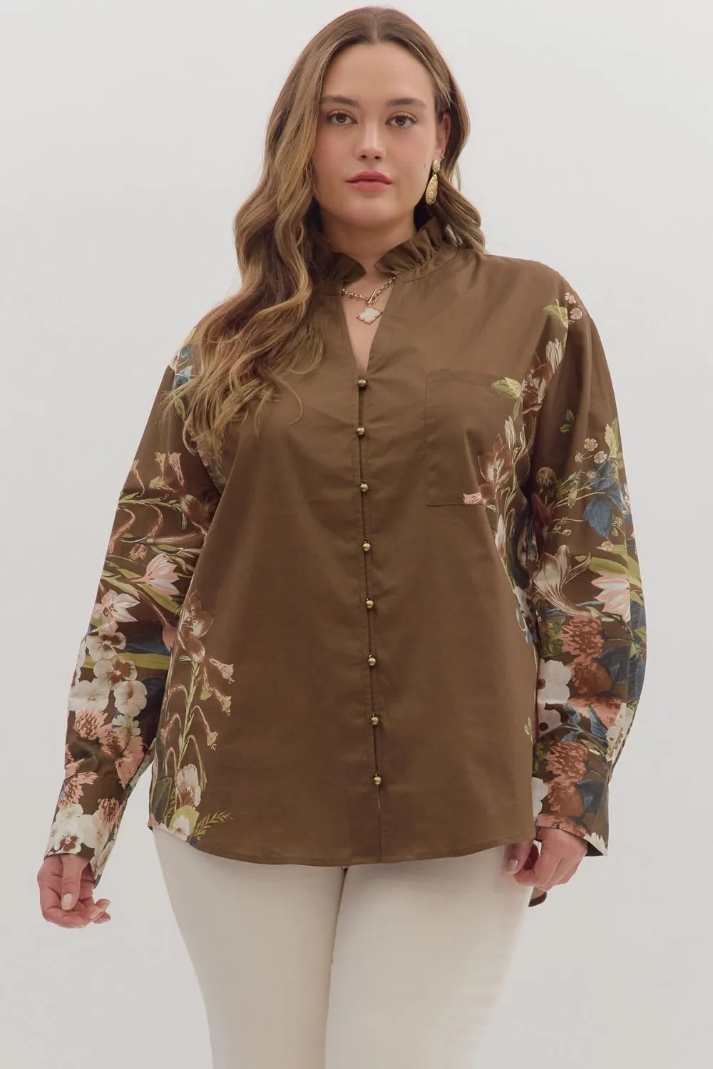 Ember Floral Sleeve Buttoned Blouse, Brown | Extended Sizes sold by North & Main Clothing Company