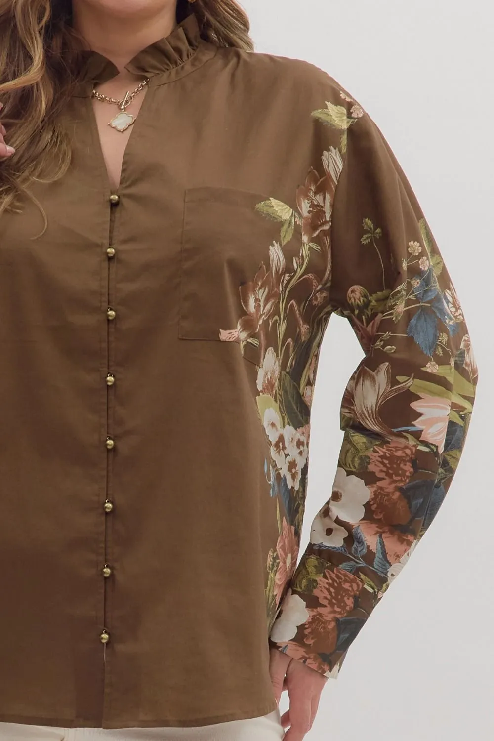 Ember Floral Sleeve Buttoned Blouse, Brown | Extended Sizes sold by North & Main Clothing Company product image thumbnail 3