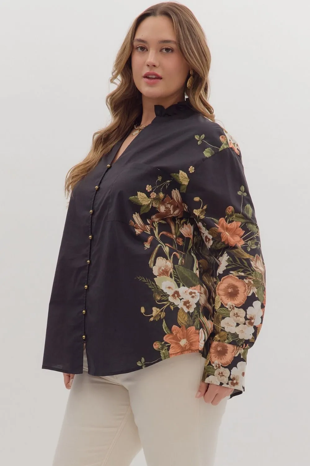 Ember Floral Sleeve Buttoned Blouse, Black | Extended Sizes sold by North & Main Clothing Company product image thumbnail 4