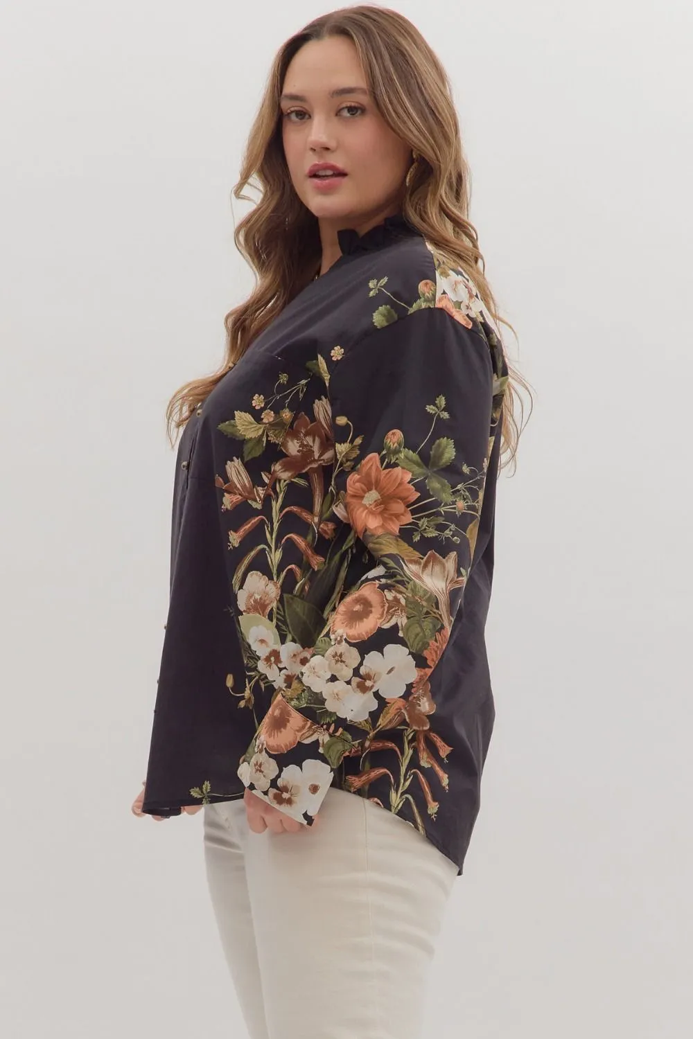 Ember Floral Sleeve Buttoned Blouse, Black | Extended Sizes sold by North & Main Clothing Company product image thumbnail 5