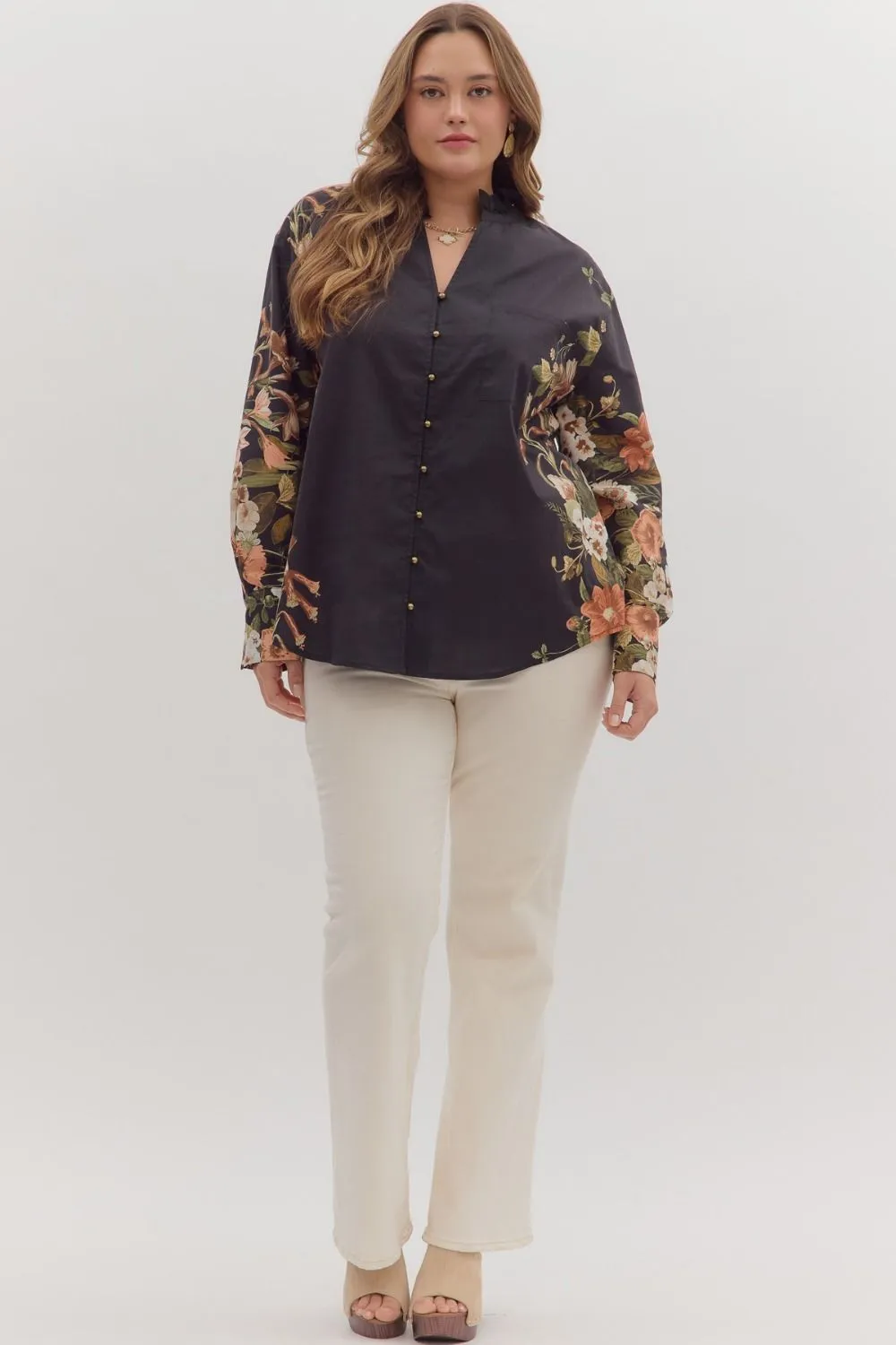 Ember Floral Sleeve Buttoned Blouse, Black | Extended Sizes sold by North & Main Clothing Company product image thumbnail 2
