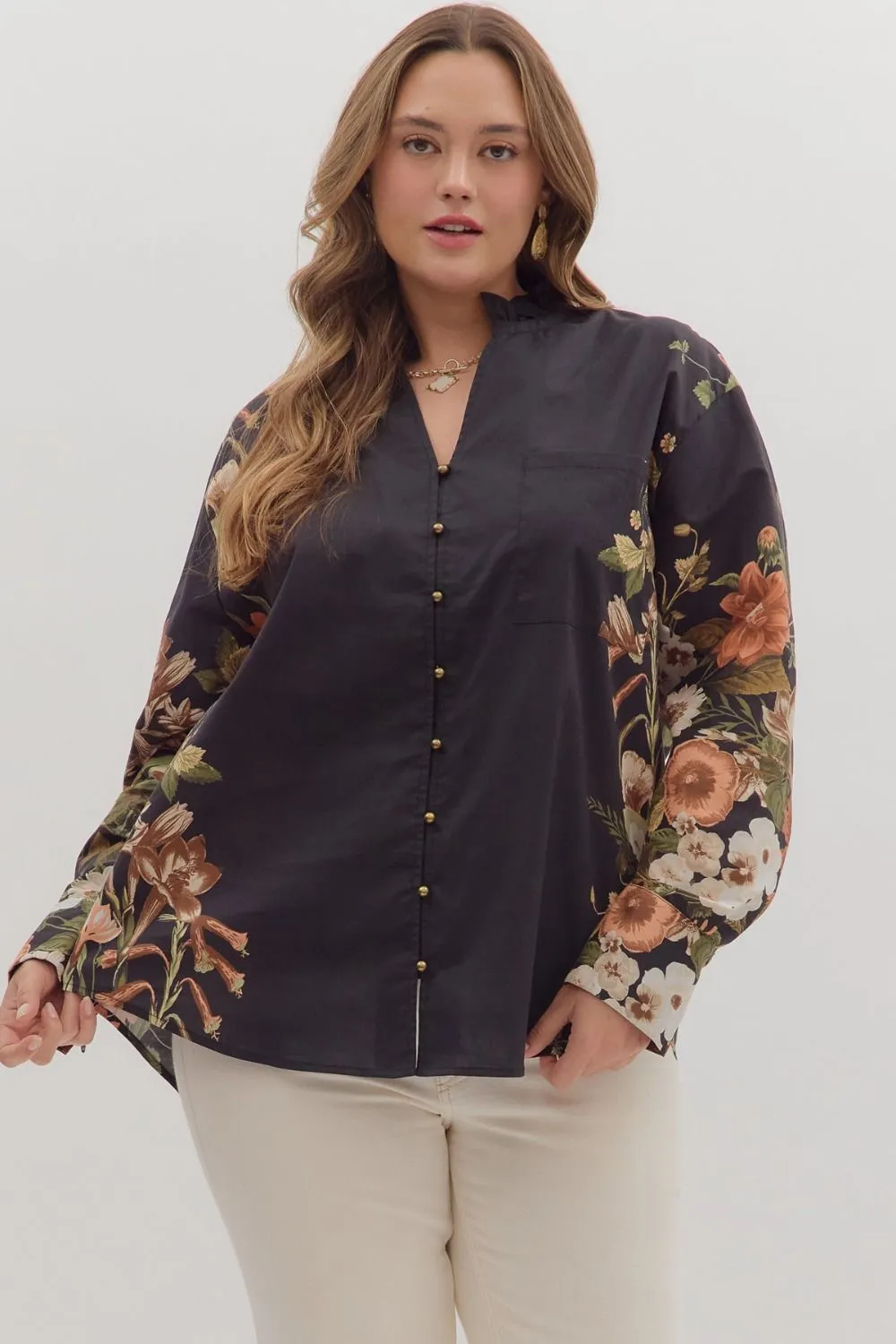 Ember Floral Sleeve Buttoned Blouse, Black | Extended Sizes sold by North & Main Clothing Company