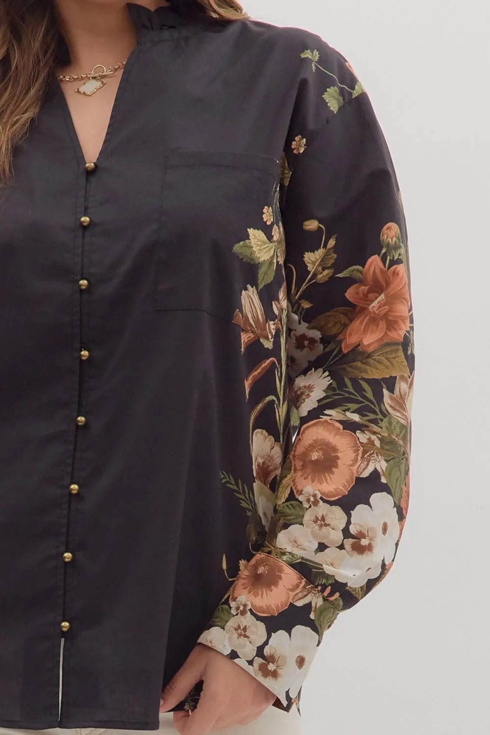 Ember Floral Sleeve Buttoned Blouse, Black | Extended Sizes sold by North & Main Clothing Company product image thumbnail 3