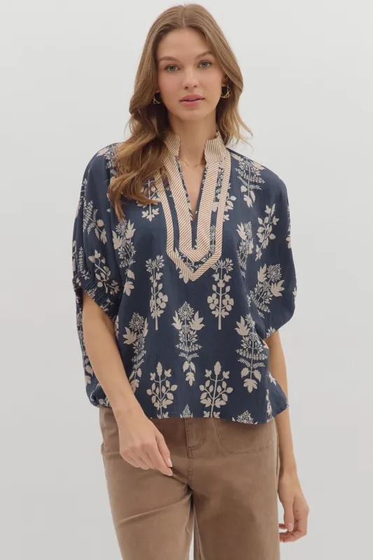 Esther Botanical Print Top, Navy sold by North & Main Clothing Company