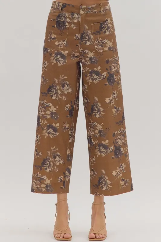 Aubrey Floral Mid Rise Ankle Pants, Caramel sold by North & Main Clothing Company