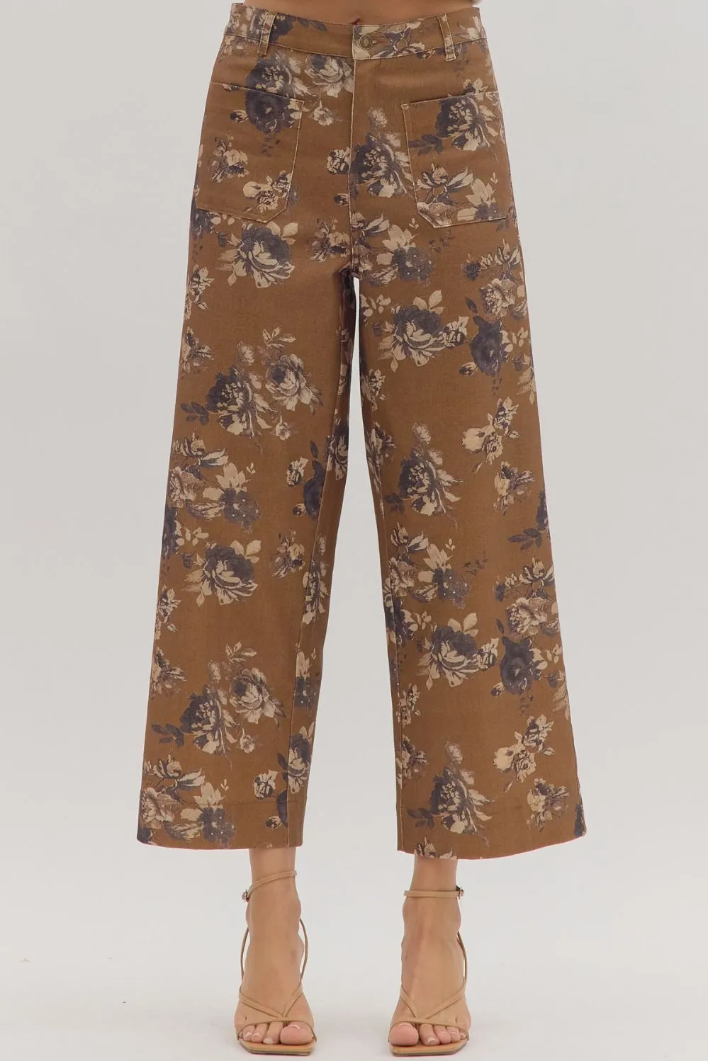Aubrey Floral Mid Rise Ankle Pants, Caramel sold by North & Main Clothing Company