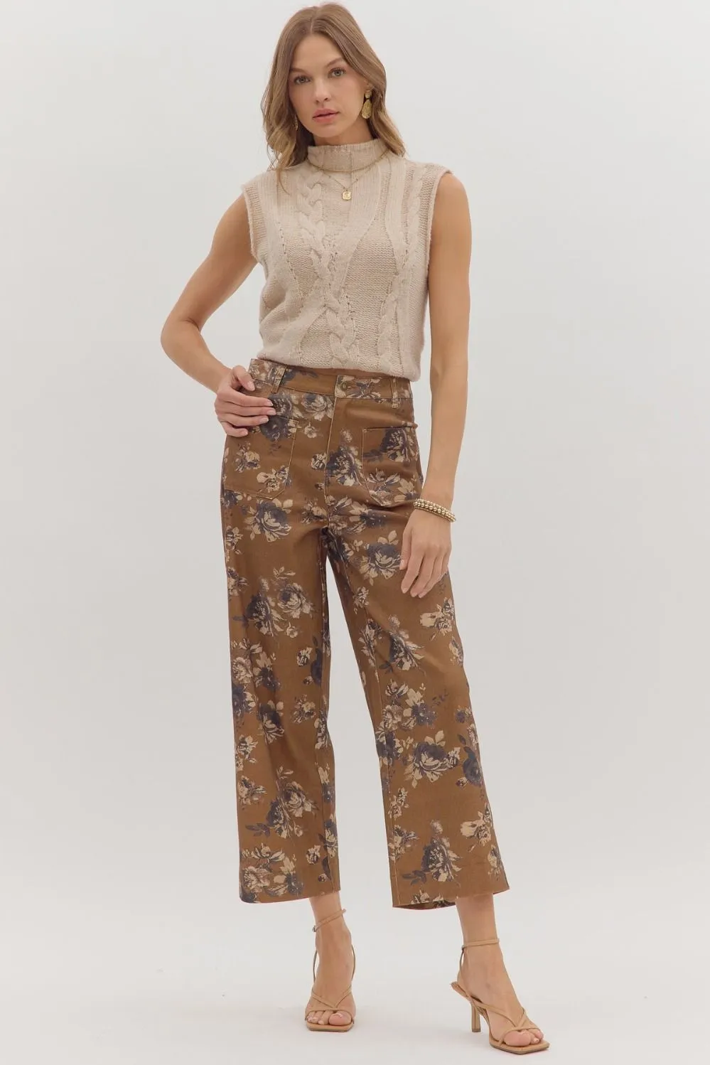 Aubrey Floral Mid Rise Ankle Pants, Caramel sold by North & Main Clothing Company product image thumbnail 2