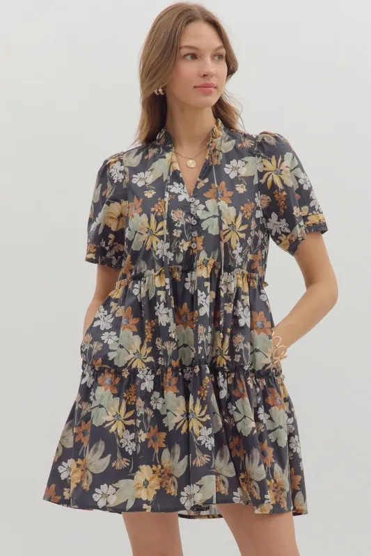 Samantha Floral Tiered Mini Dress, Charcoal sold by North & Main Clothing Company