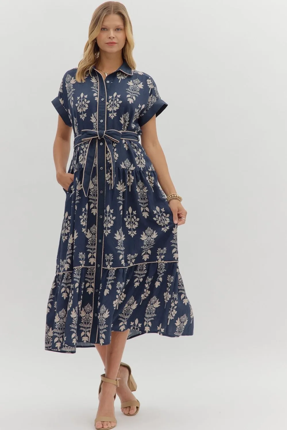 Margot Botanical Print Midi Dress, Navy sold by North & Main Clothing Company product image thumbnail 2