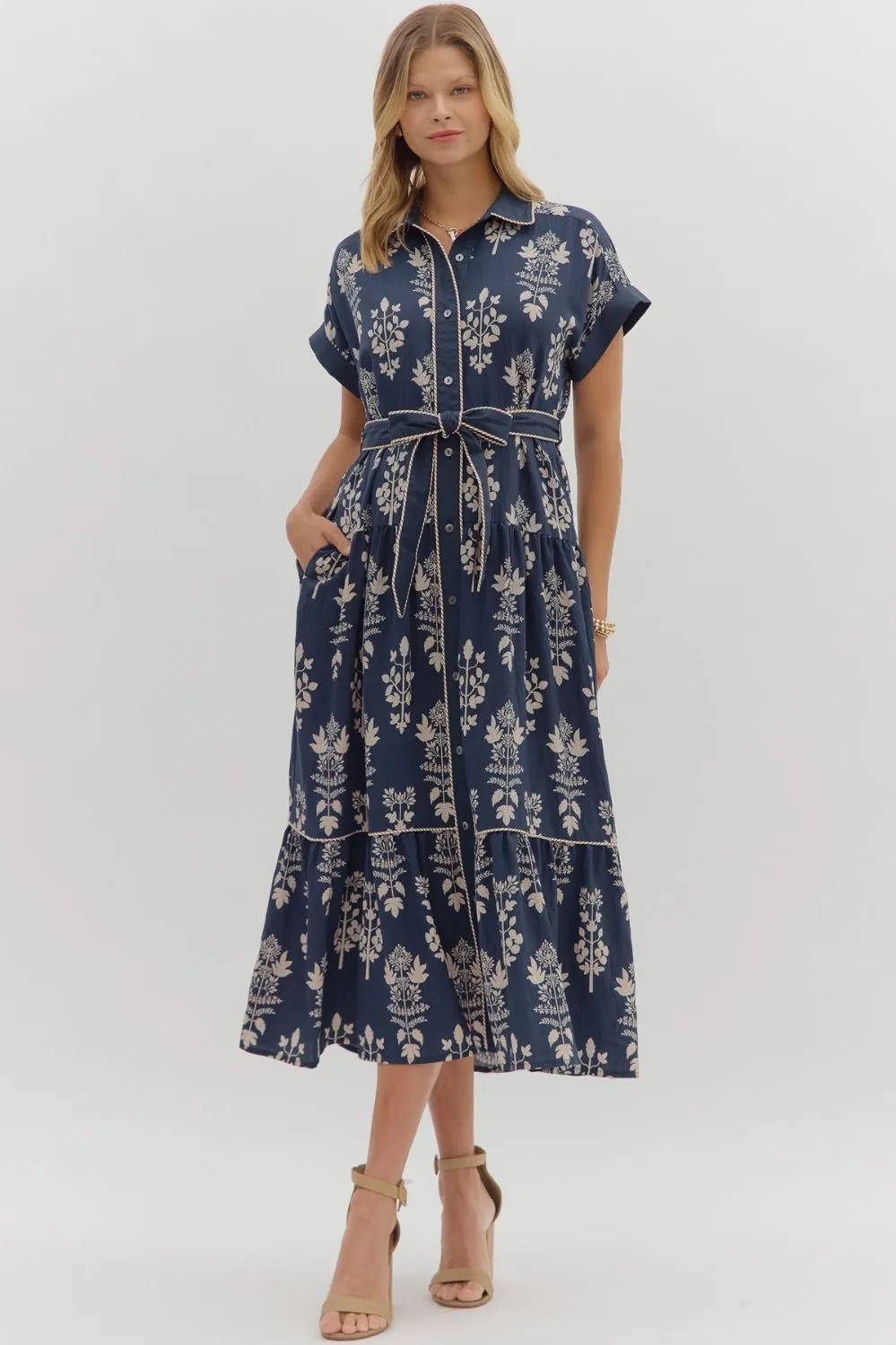 Margot Botanical Print Midi Dress, Navy sold by North & Main Clothing Company